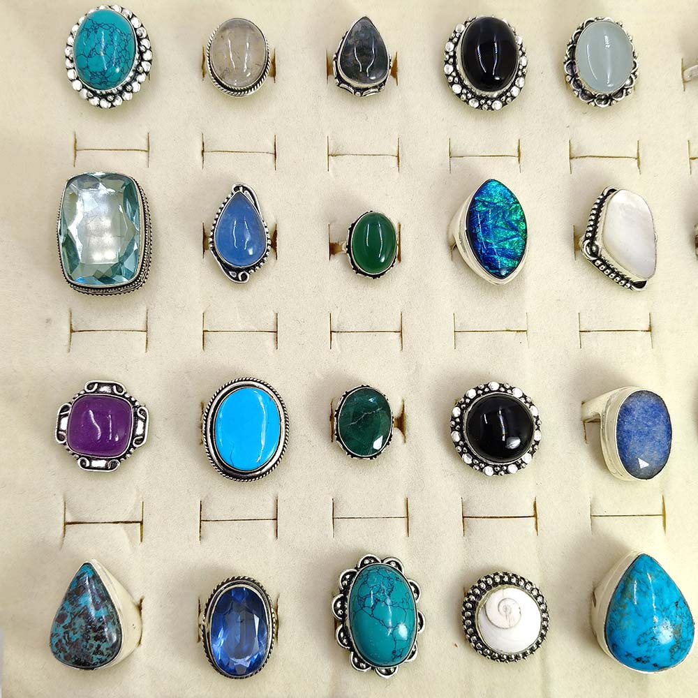 Mix Assorted Designs Gemstone Crystal Rings - 925 Silver Plated Mixed Sizes US 5 - 10