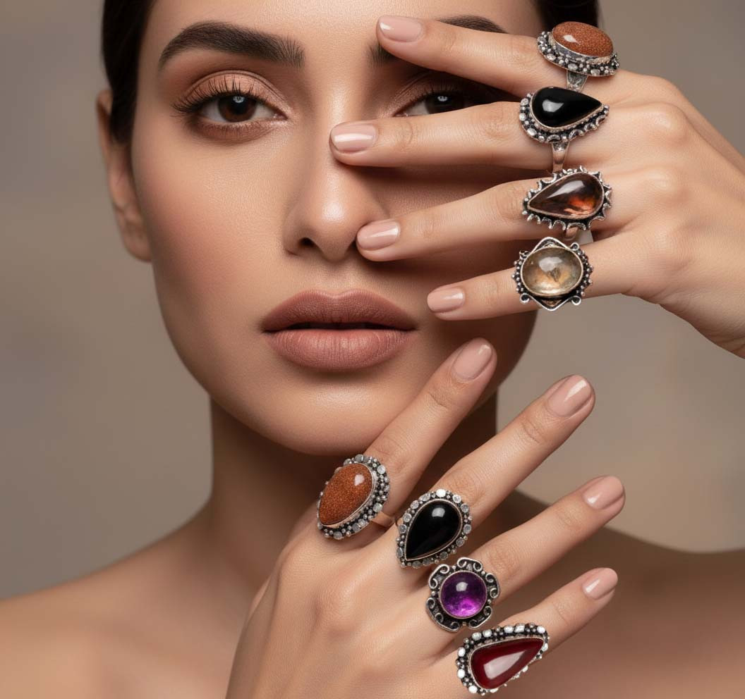 Mix Assorted Designs Gemstone Crystal Rings - 925 Silver Plated Mixed Sizes US 5 - 10