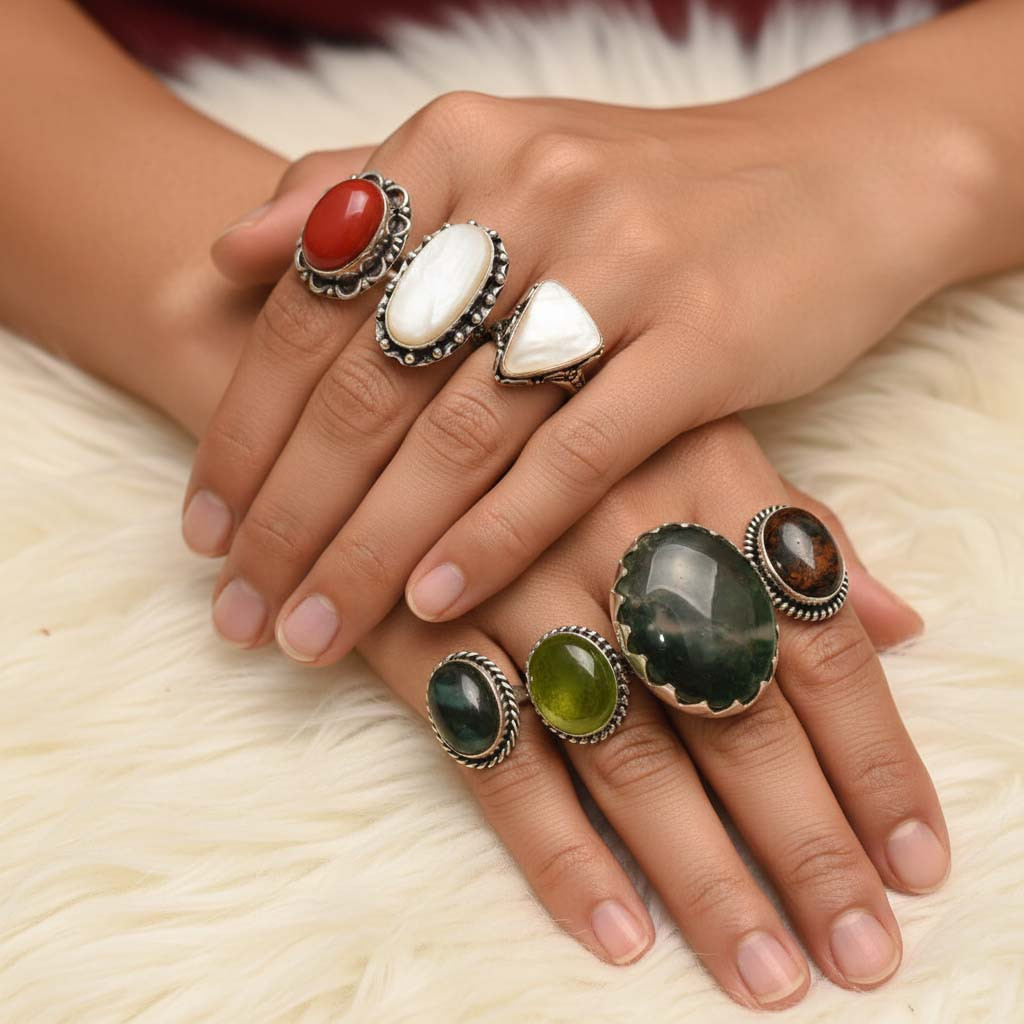 Mix Assorted Designs Gemstone Crystal Rings - 925 Silver Plated Mixed Sizes US 5 - 10