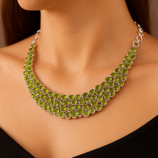 Image of 925 Sterling Silver Chunky Statement Necklace Natural Multi Peridot Gemstone