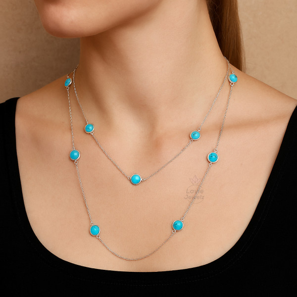 Image of 925 Sterling Silver Necklace Turquoise Gemstone Long Chain Necklace