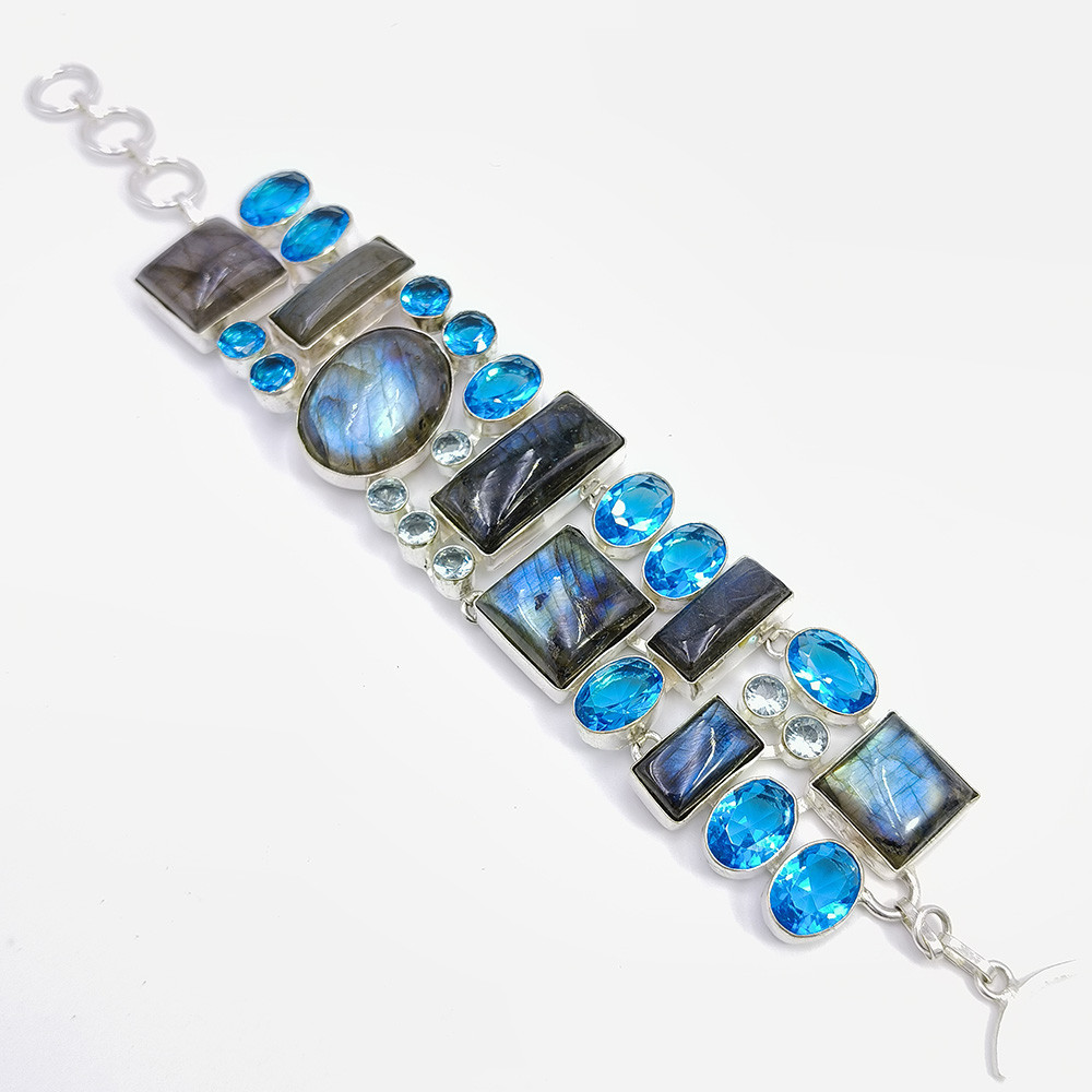 925 Sterling Silver Plated Bracelet Labradorite Swiss Blue Topaz Gemstone Fashion Bracelet