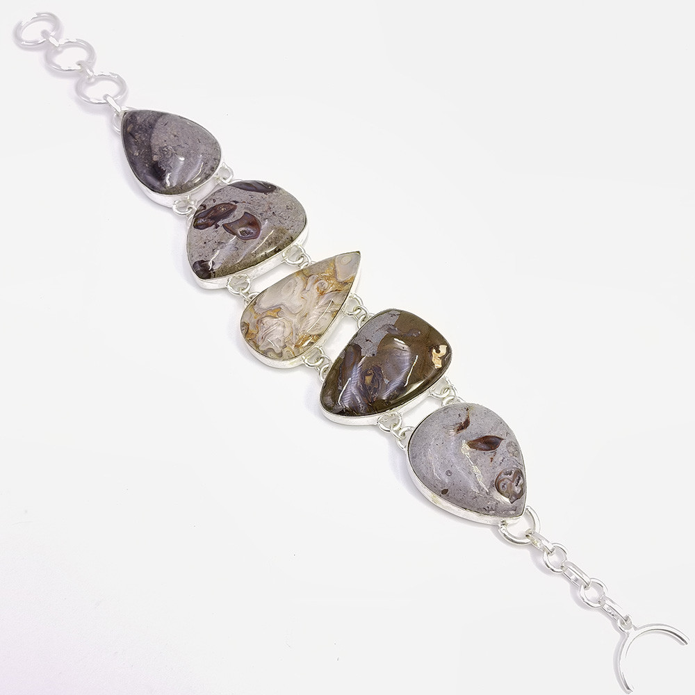 Image of 925 Sterling Silver Plated Bracelet Coffee Jasper Crazy Lace Agate Gemstone Fashion Bracelet