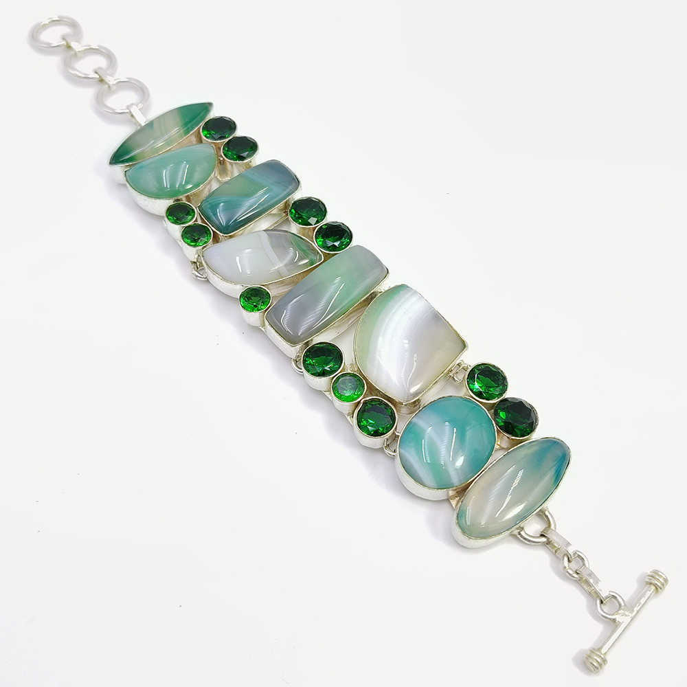 Image of 925 Sterling Silver Plated Bracelet Botswana Agate Chrome Quartz Gemstone Fashion Bracelet