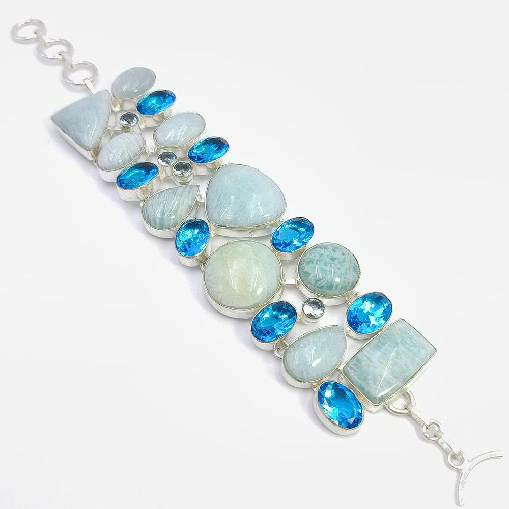 Image of 925 Sterling Silver Plataed Amazonite Swiss Blue Topaz Gemstone Fashion Bracelet