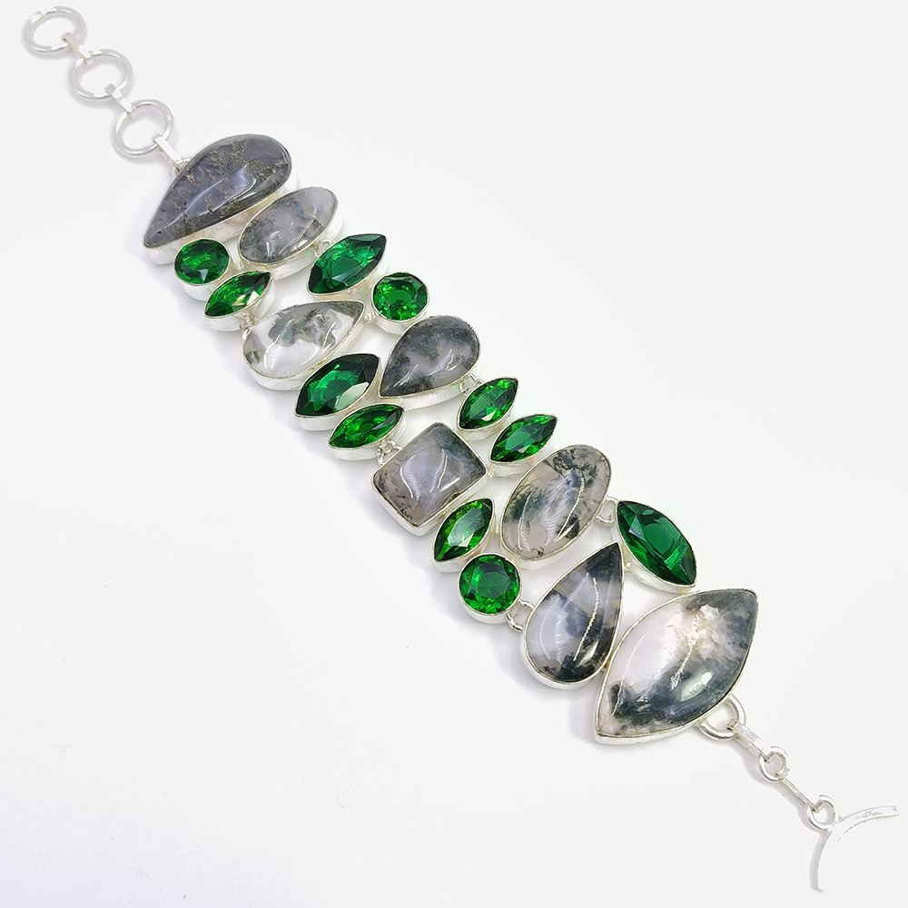 Image of 925 Sterling Silver Moss Agate Chrome Quartz Gemstone Fashion Bracelet