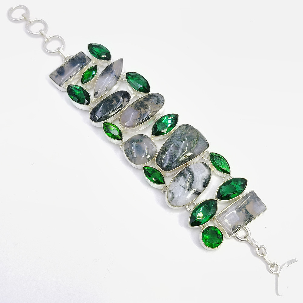 925 Sterling Silver Plataed Moss Agate Chrome Quartz Gemstone Fashion Bracelet