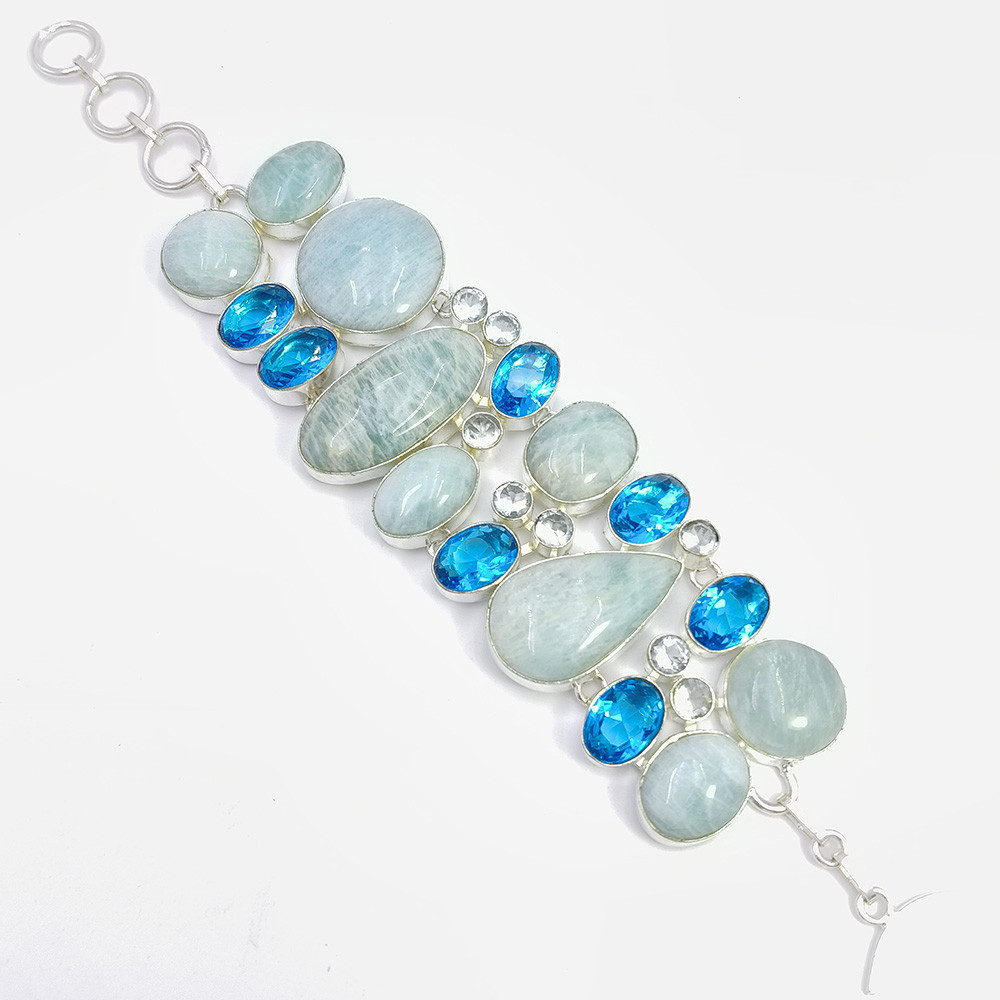 925 Sterling Silver Plataed Amazonite Aquamarine Gemstone Fashion Bracelet