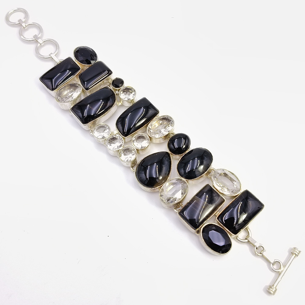 Image of 925 Sterling Silver Plataed Black Onyx Crystal Gemstone Fashion Bracelet