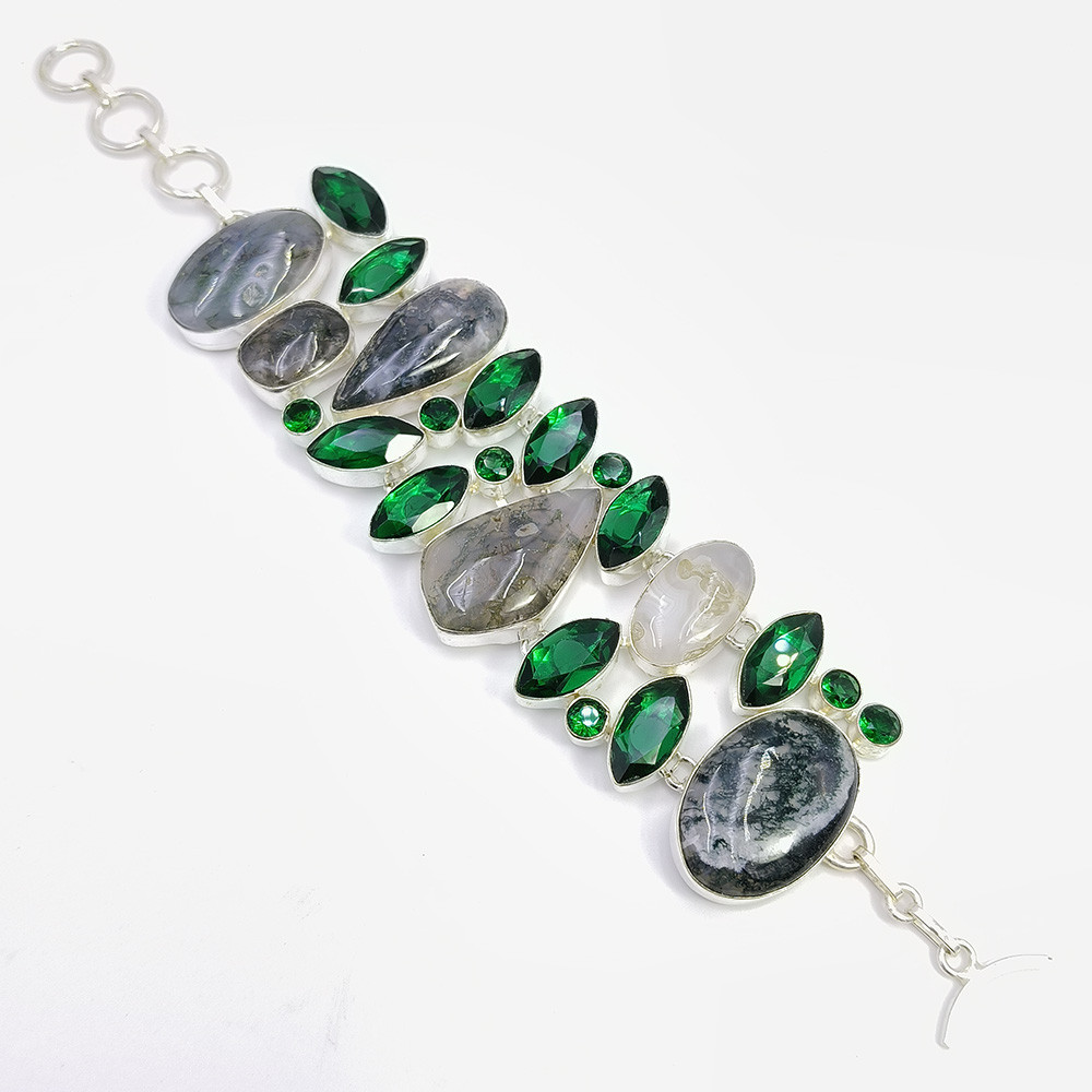 925 Sterling Silver Plataed Moss Agate Chrome Quartz Gemstone Fashion Bracelet