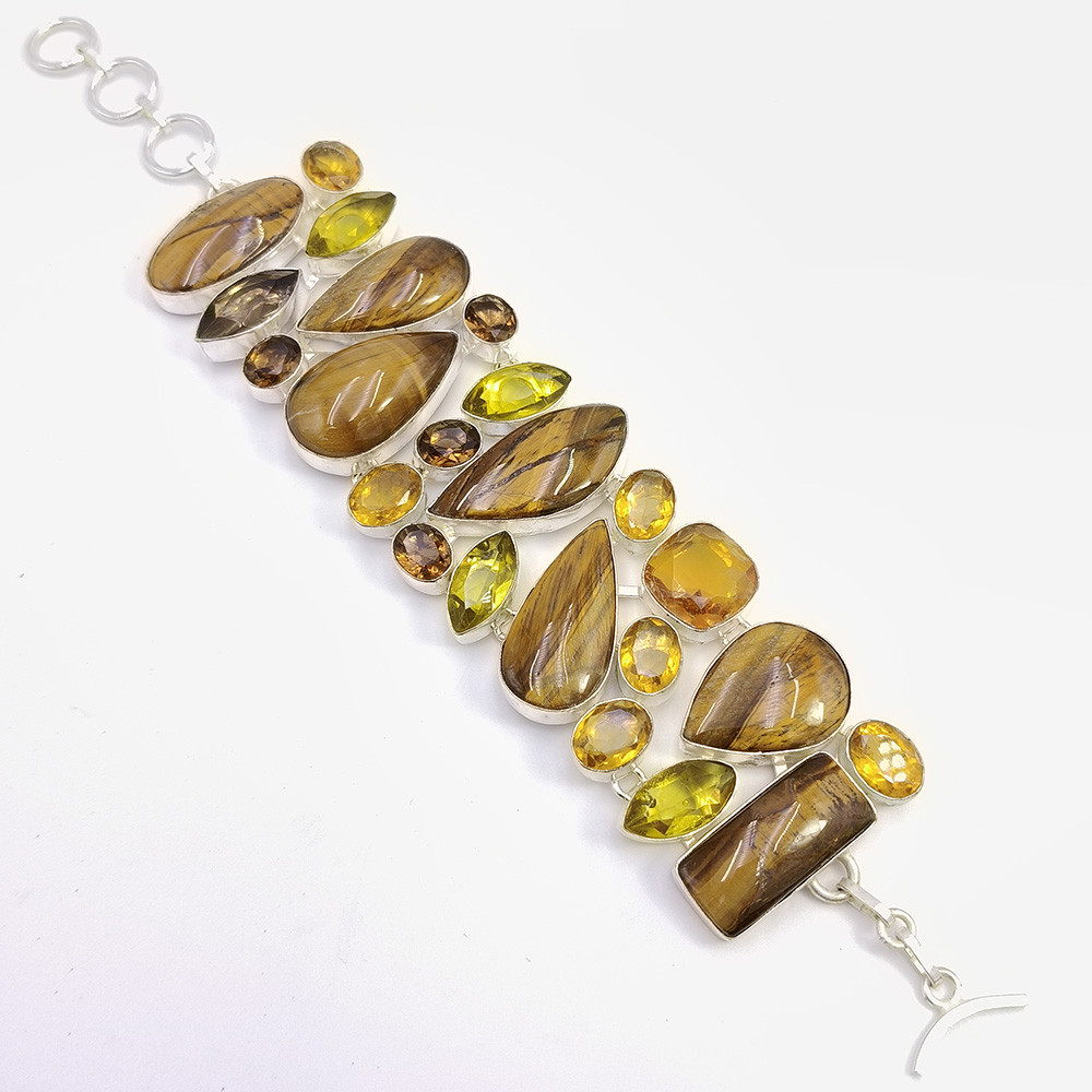 925 Sterling Silver Plataed Tiger Eye Smoky Quartz Gemstone Fashion Bracelet