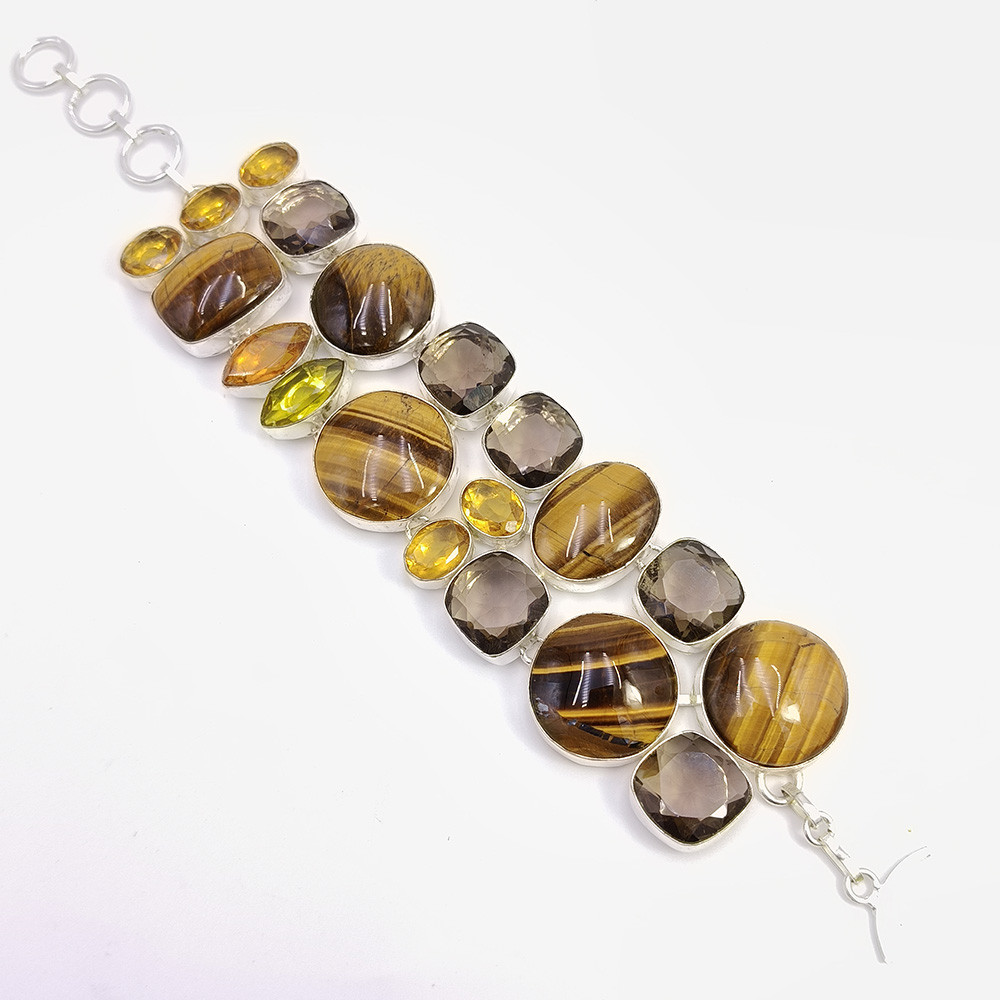 925 Sterling Silver Plataed Tiger Eye Smoky Quartz Gemstone Fashion Bracelet