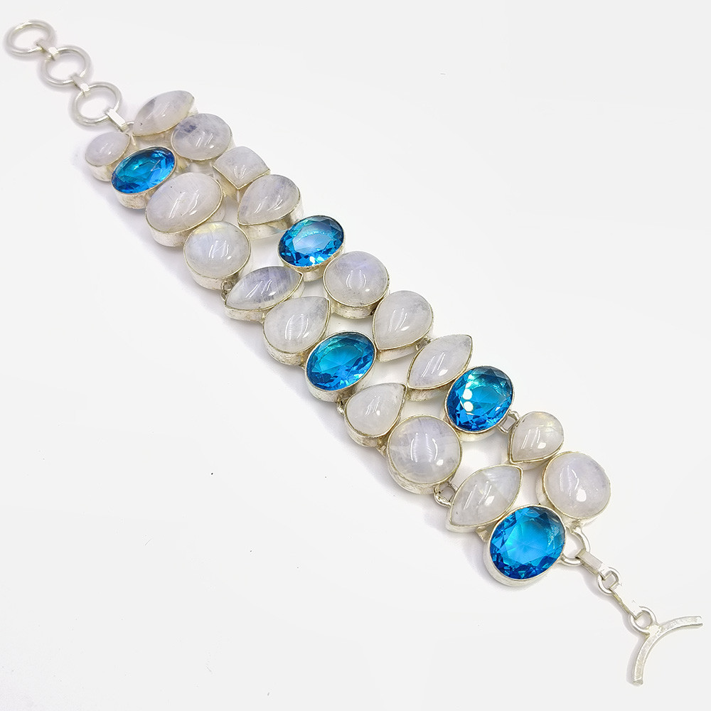 925 Sterling Silver Plataed Rainbow Moonstone Swiss Blue Topaz Gemstone Fashion Bracelet