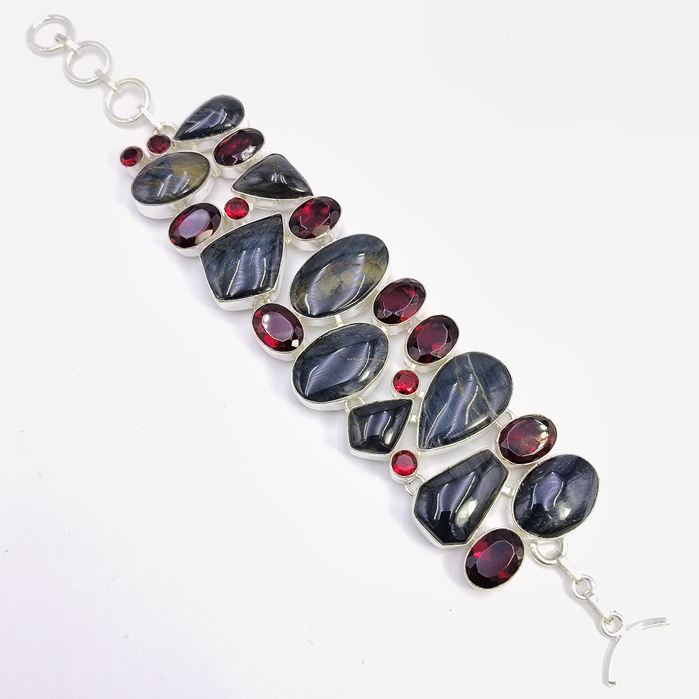 Image of 925 Sterling Silver Plataed Pietersite Black Onyx Gemstone Fashion Bracelet