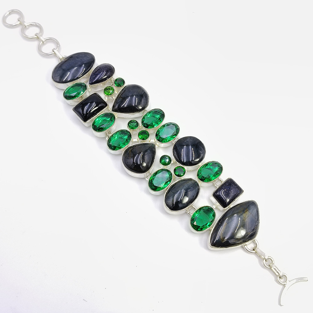 Image of 925 Sterling Silver Plataed Pietersite Chrome Quartz Gemstone Fashion Bracelet