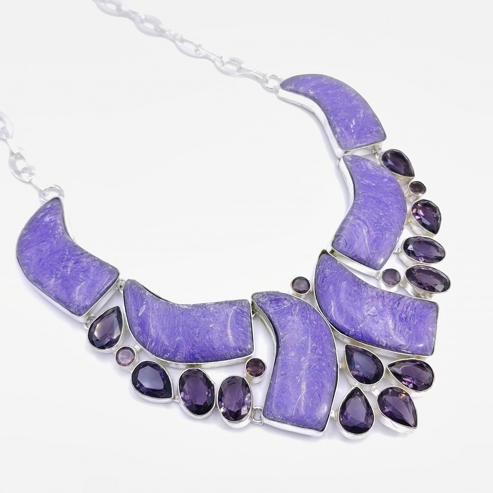 Image of 925 Sterling Silver Plated Necklace Charoite Amethyst Gemstone Fashion Designer Neckalce