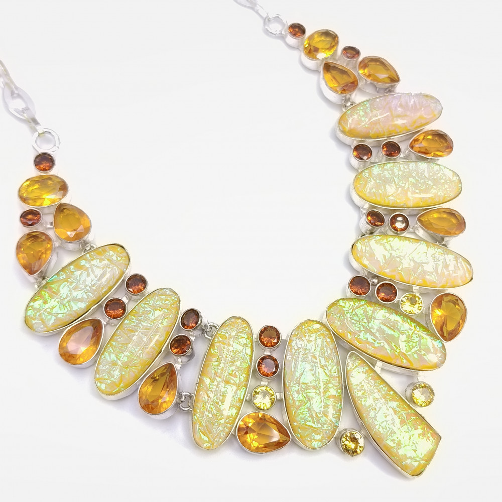 Image of 925 Sterling Silver Plated Necklace Dichroic Glass Honey Quartz Gemstone Fashion Designer Neckalce