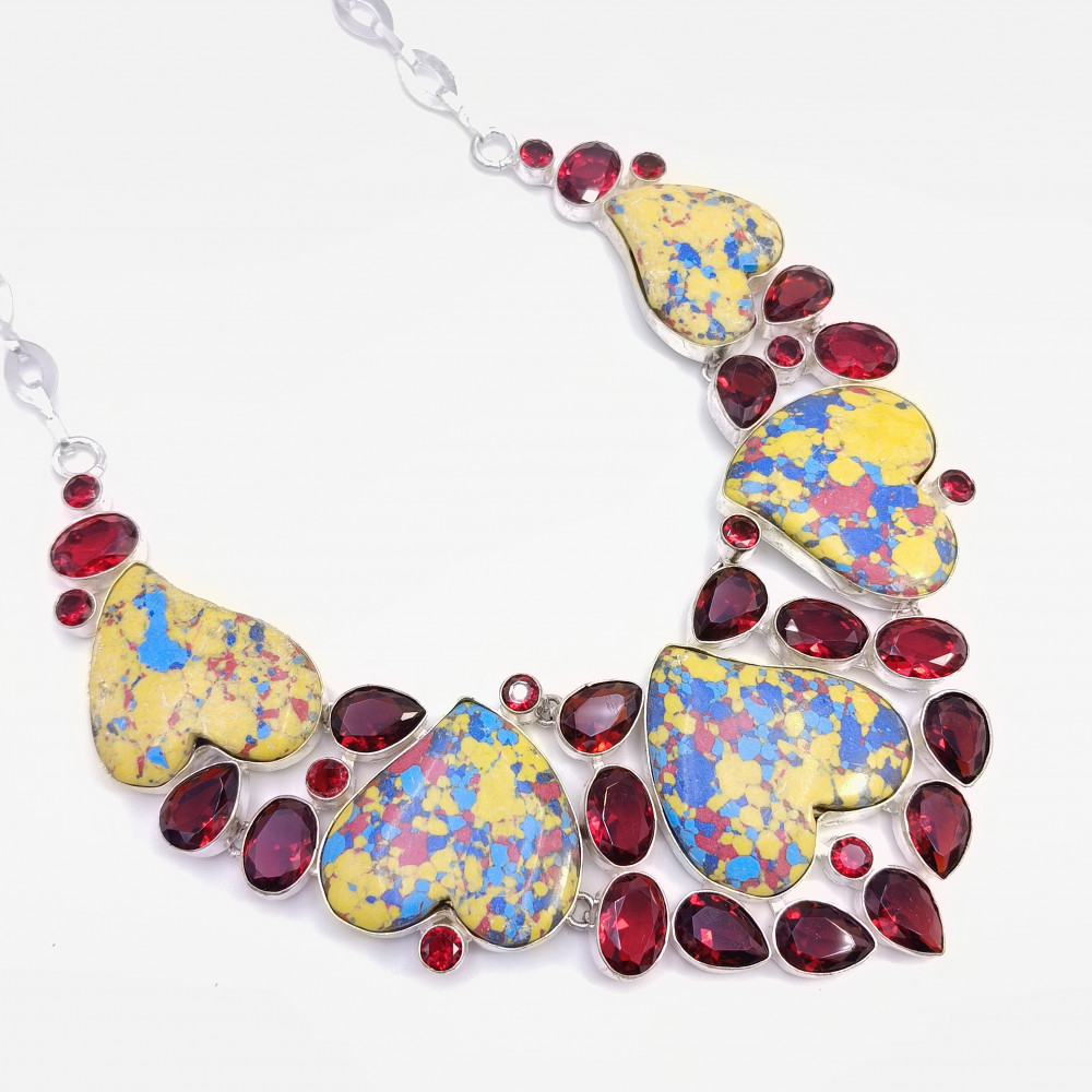 Image of 925 Sterling Silver Plated Necklace Yellow Mosaic Jasper Garnet Gemstone Fashion Designer Neckalce