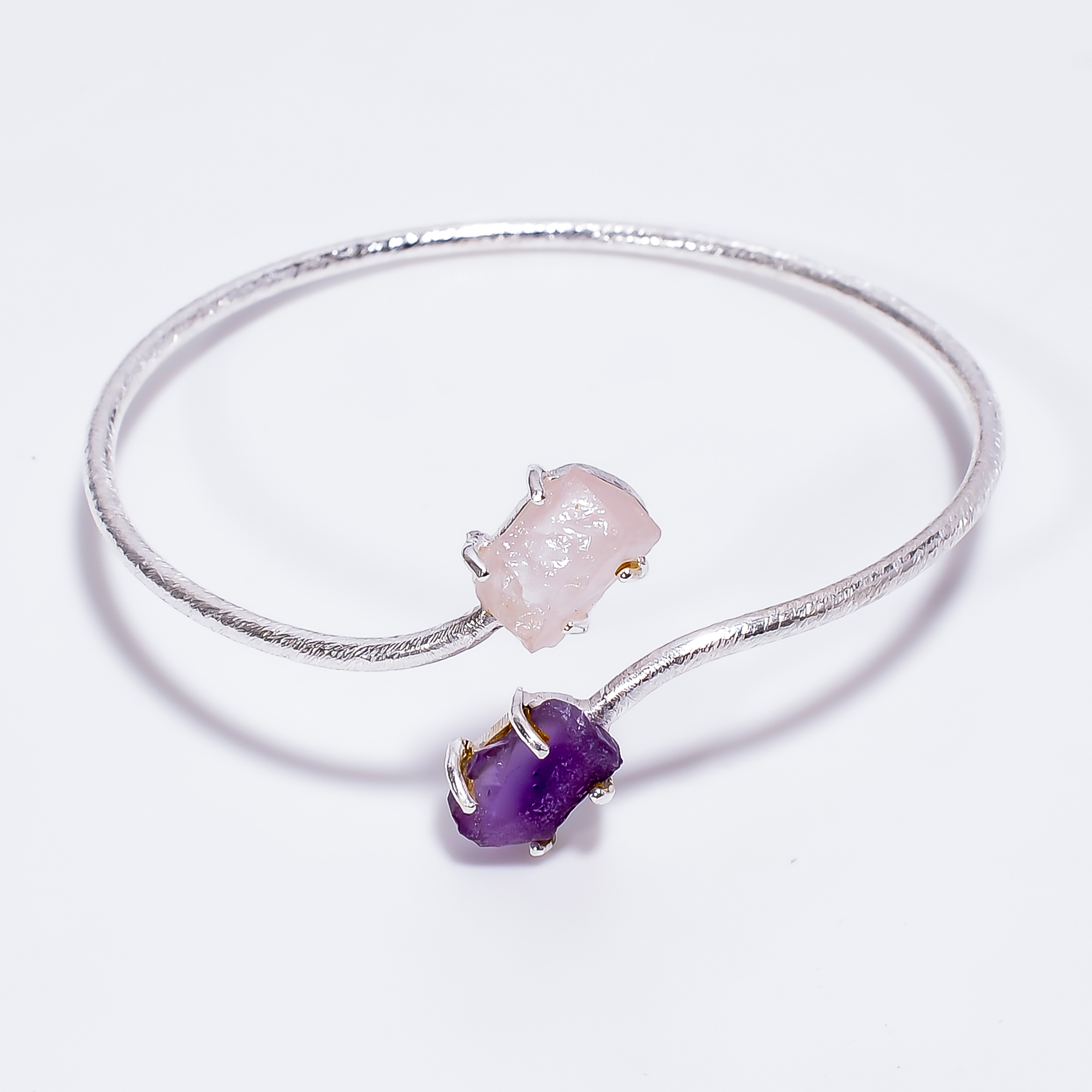 Amethyst Rose Quartz Raw Gemstone 925 Sterling Silver Matte Finish Adjustable Bangle