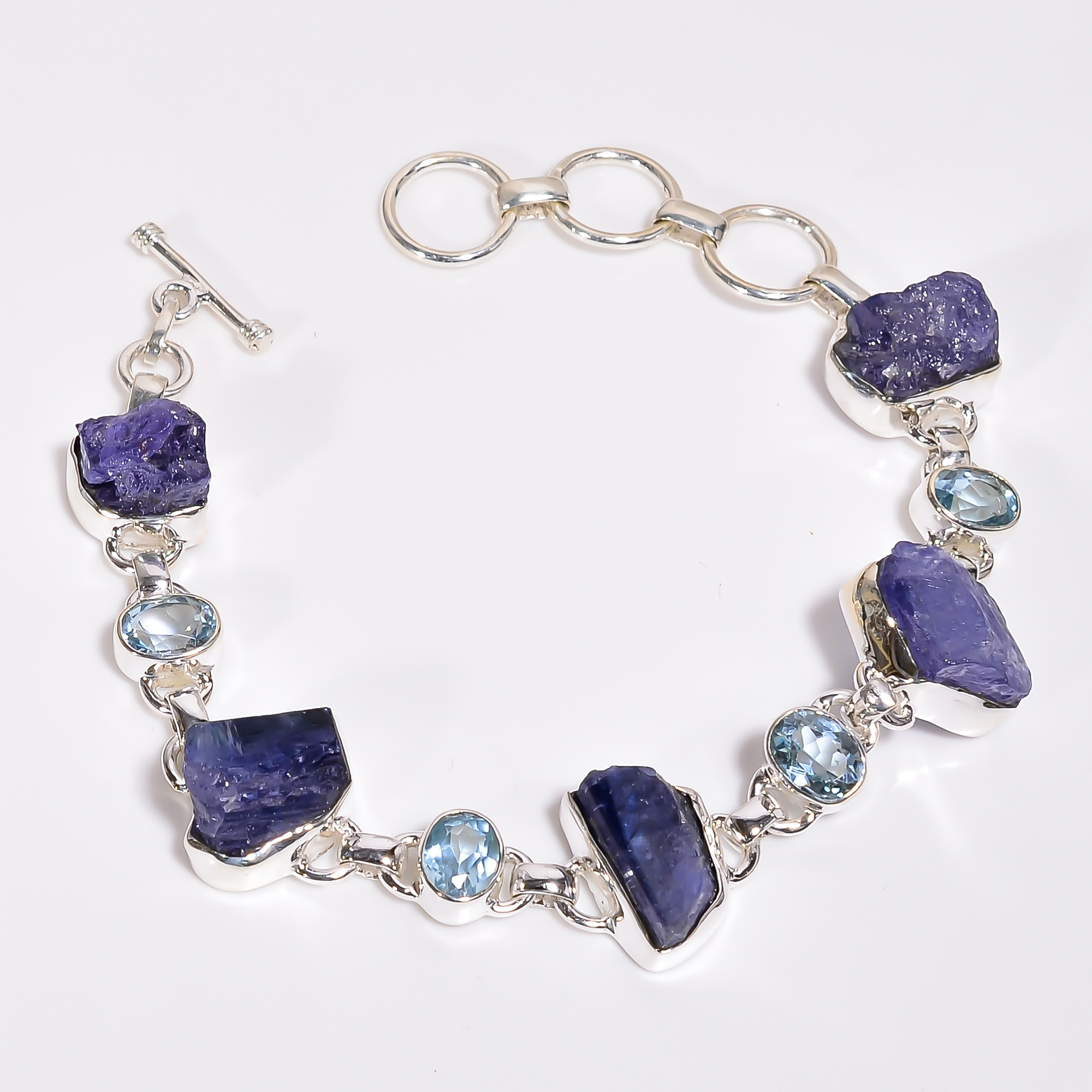 Natural Raw Gemstone 925 Sterling Silver Bracelet