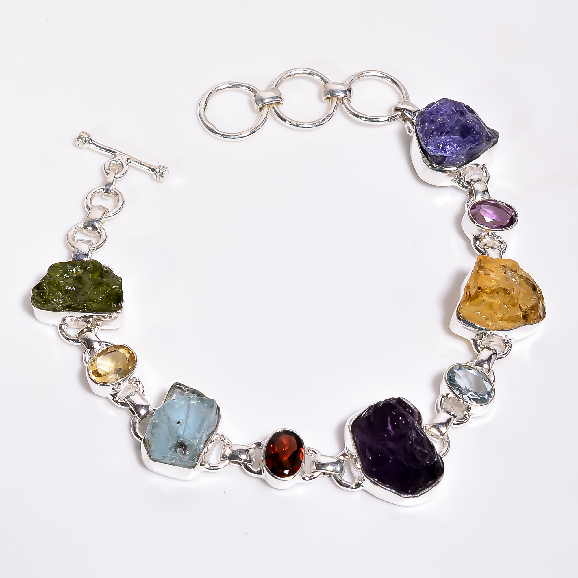 Natural Raw Gemstone 925 Sterling Silver Bracelet