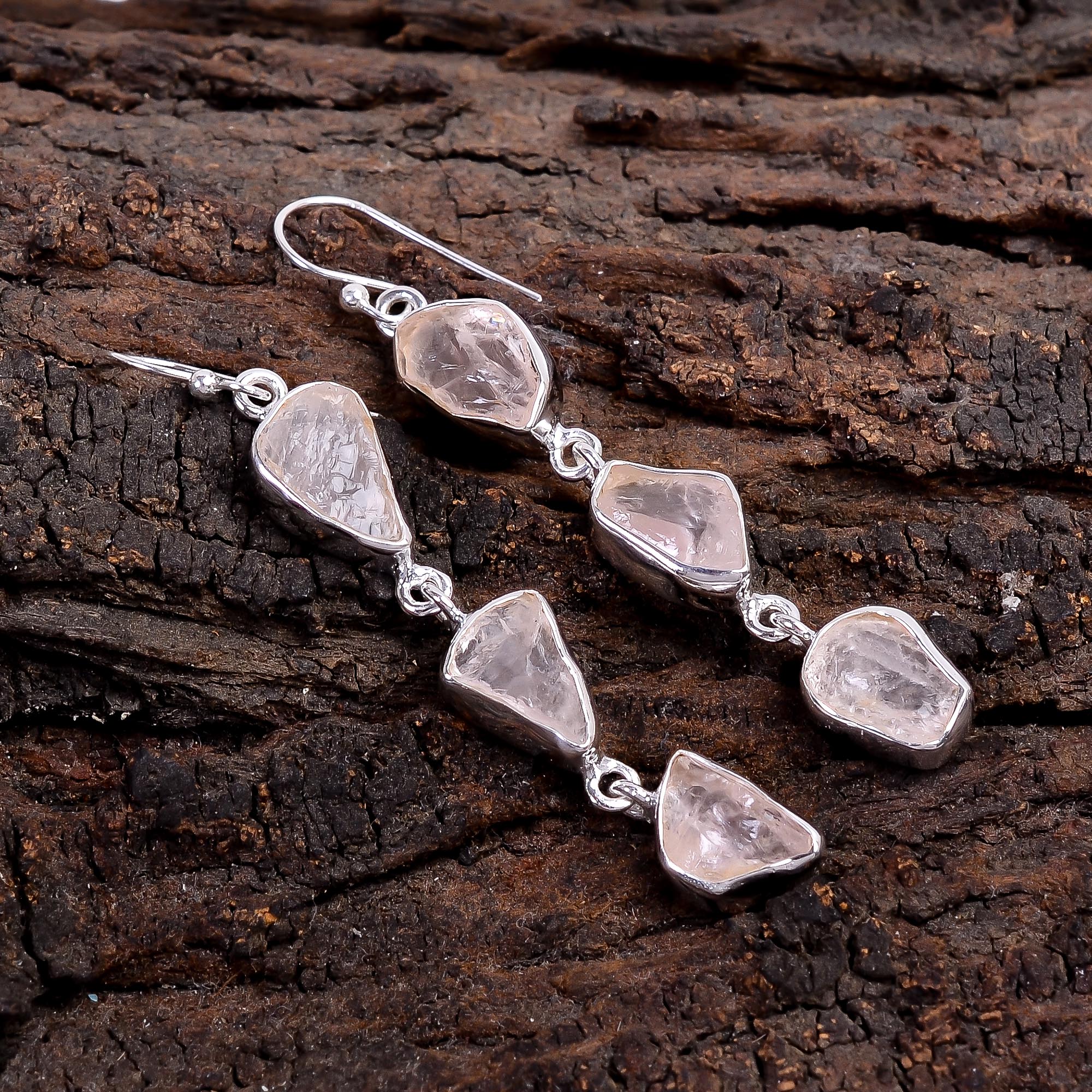 Rose Quartz Raw Gemstone 925 Sterling Silver Earrings