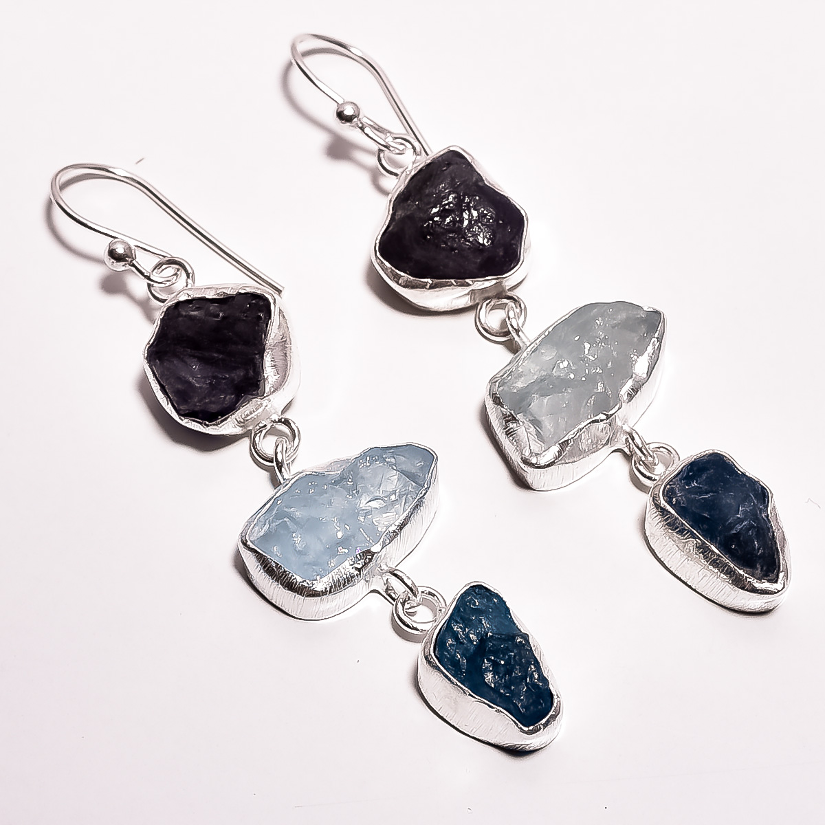 Tanzanite Aquamarine Raw Gemstone 925 Sterling Silver Matte Finish Earrings