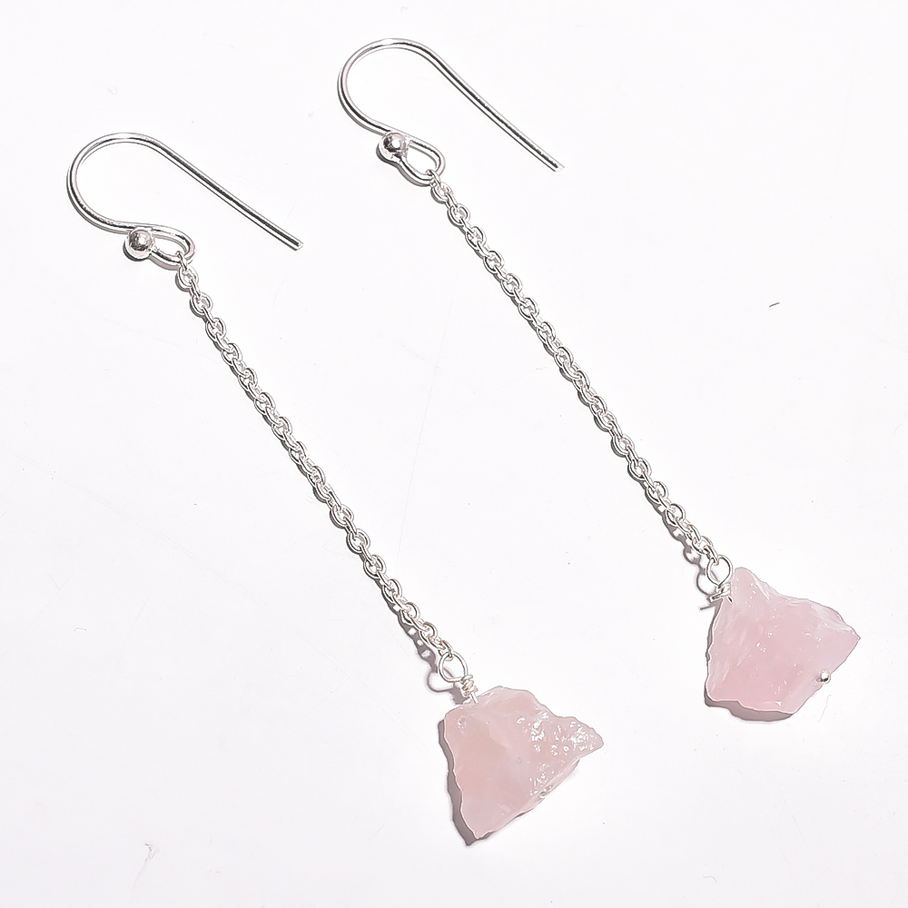 Rose Quartz Raw Gemstone 925 Sterling Silver Earrings