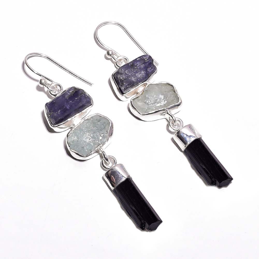 Tanzanite Aquamarine Raw Gemstone 925 Sterling Silver Earrings