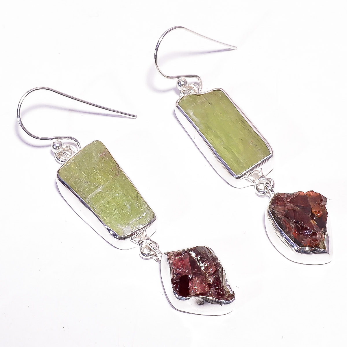 Green Kyanite Garnet Raw Gemstone 925 Sterling Silver Earrings