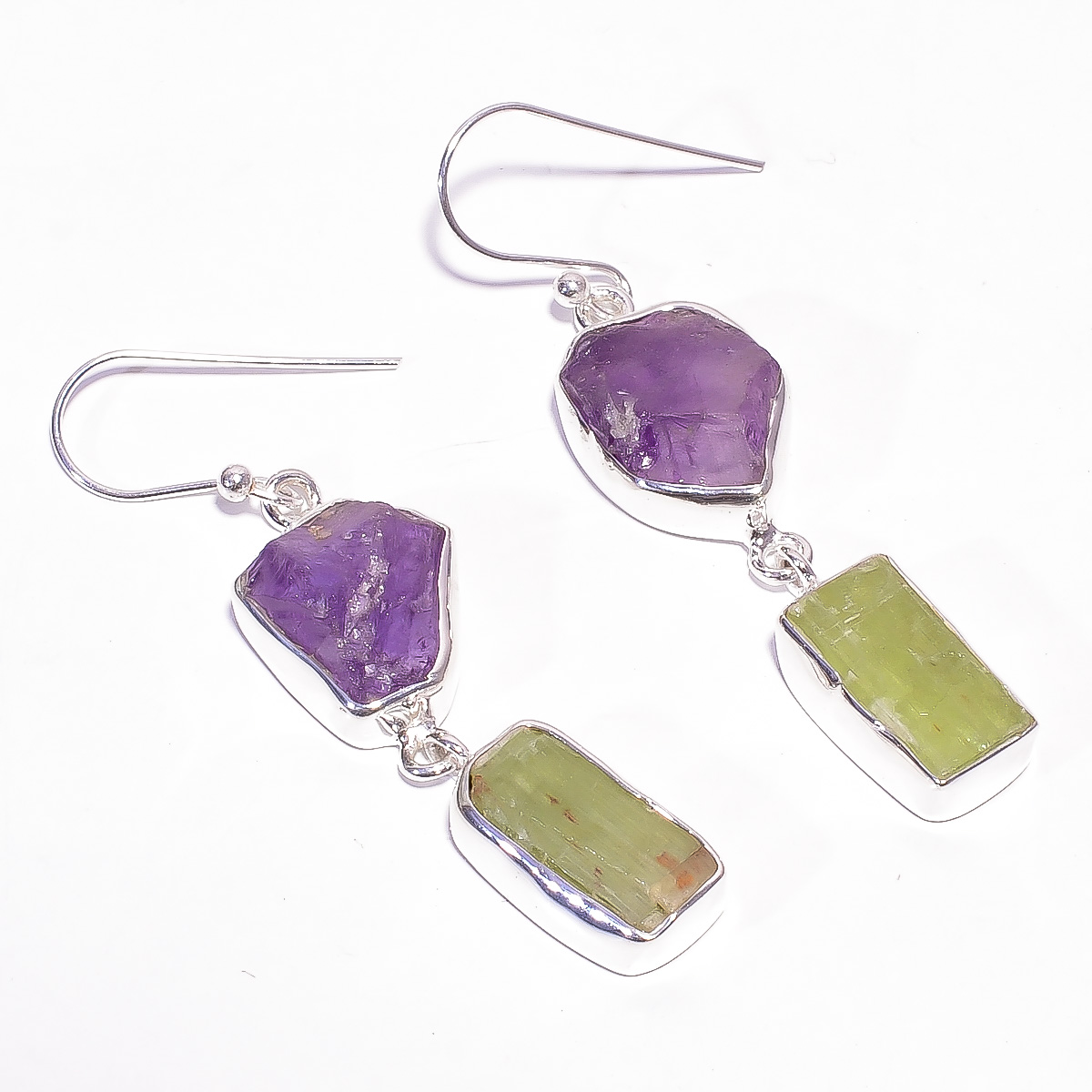 Green Kyanite Amethyst Raw Gemstone 925 Sterling Silver Earrings