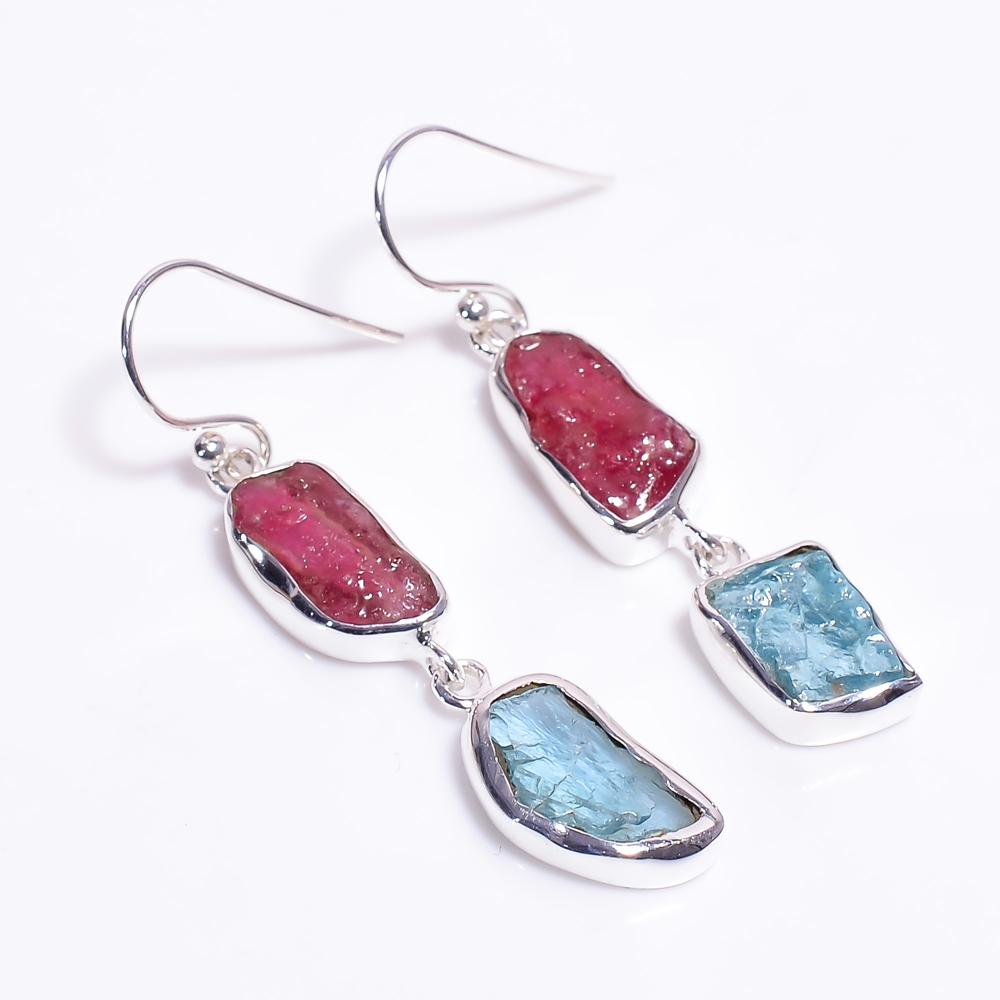 Natural Raw Ruby Sky Apatite Gemstone 925 Sterling Silver Earrings