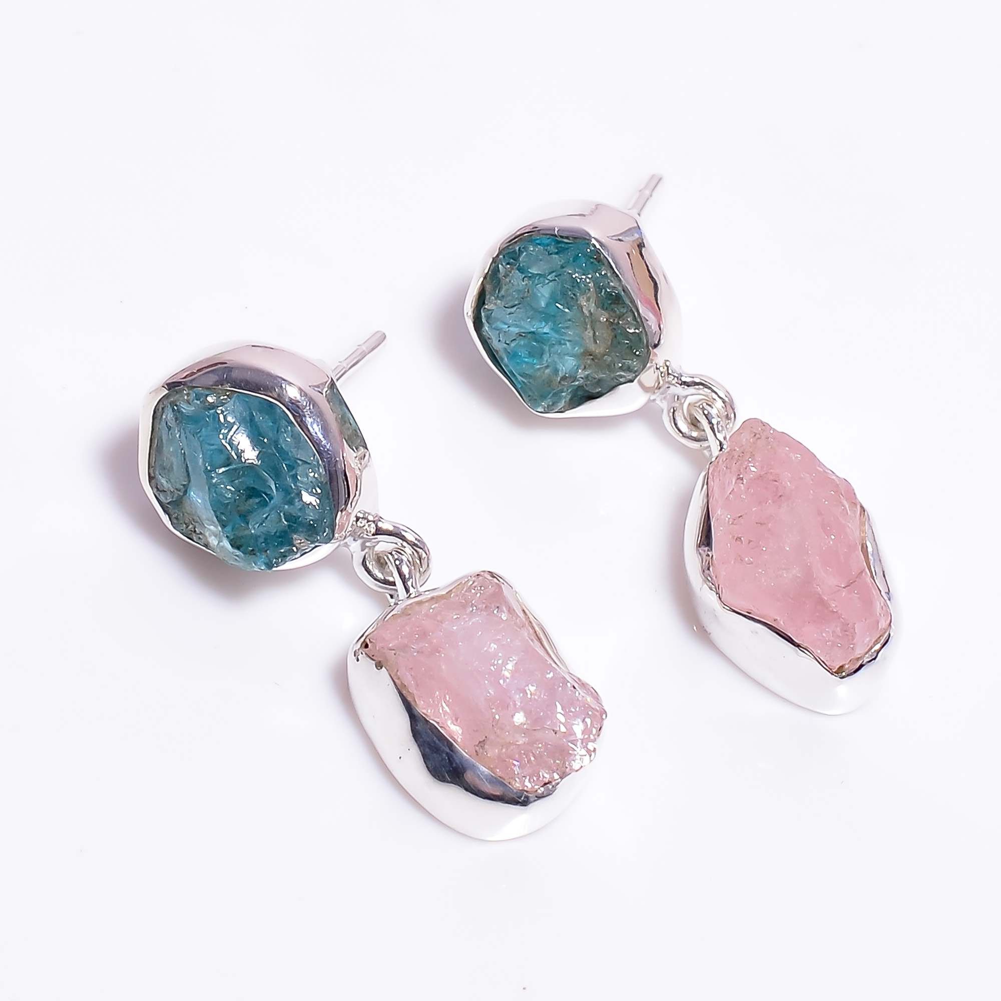 Natural Raw Sky Apatite Rose Quartz Gemstone 925 Sterling Silver Earrings
