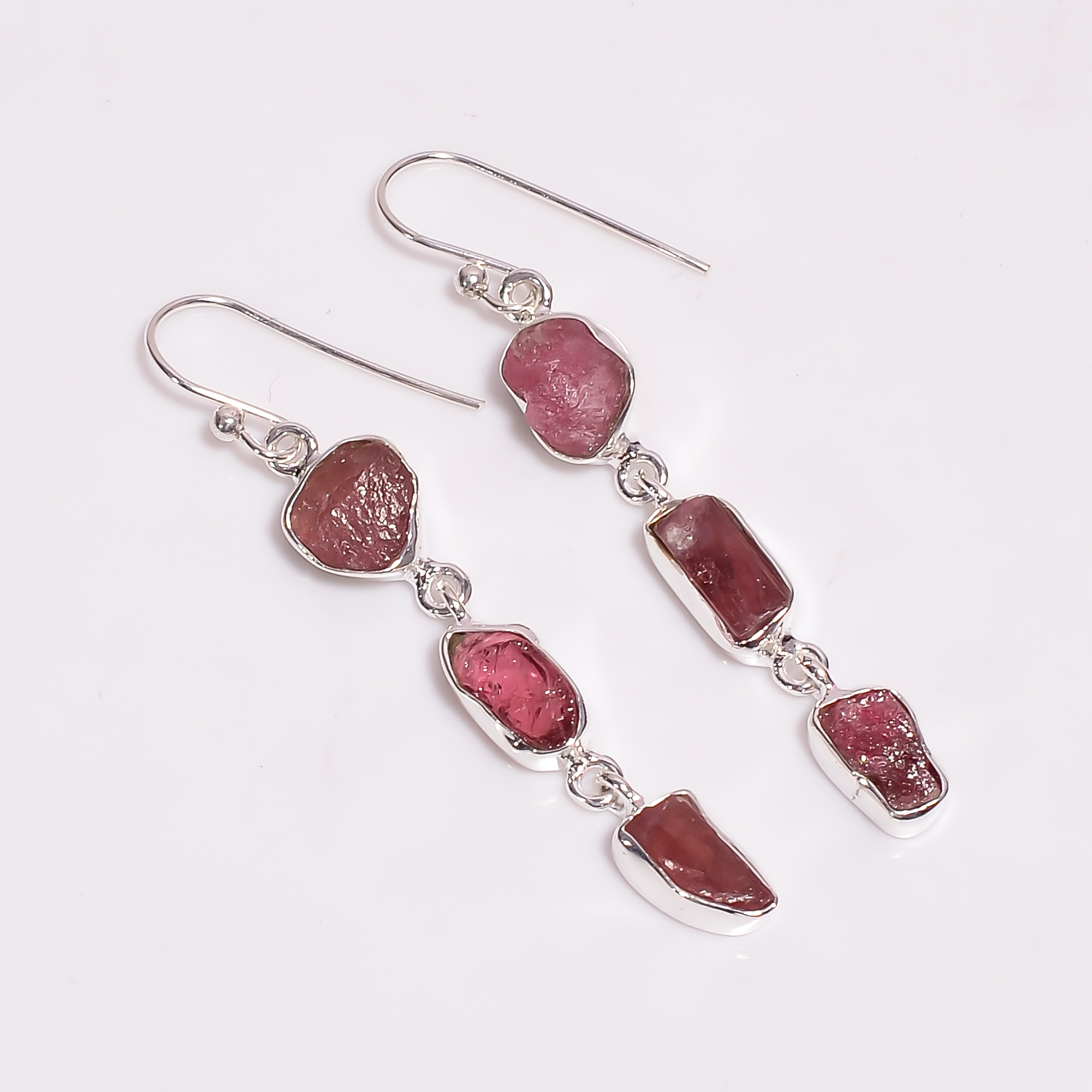 Natural Pink Tourmaline Raw Gemstone 925 Sterling Silver Earrings