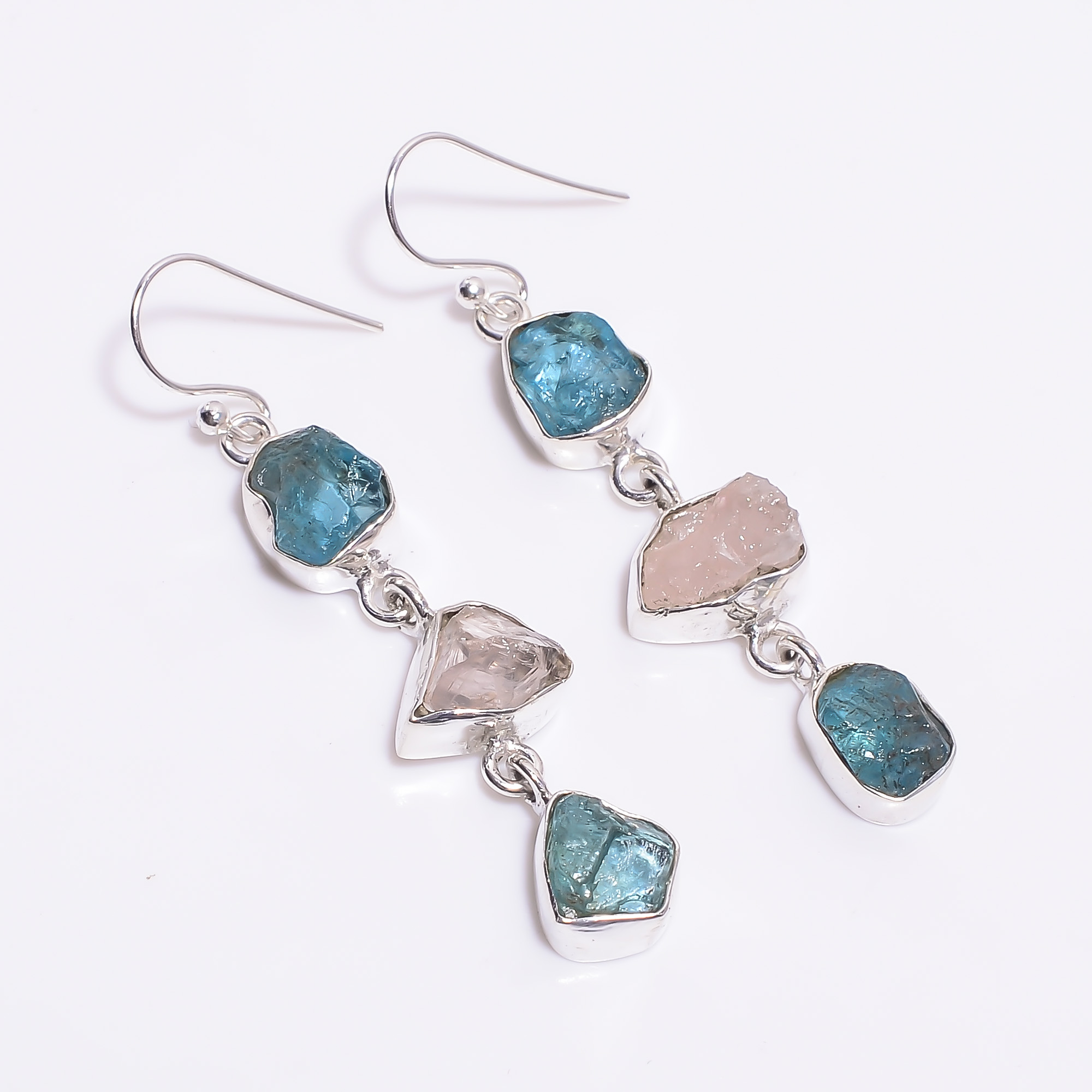 Natural Sky Apatite Rose Quartz Raw Gemstone 925 Sterling Silver Earrings