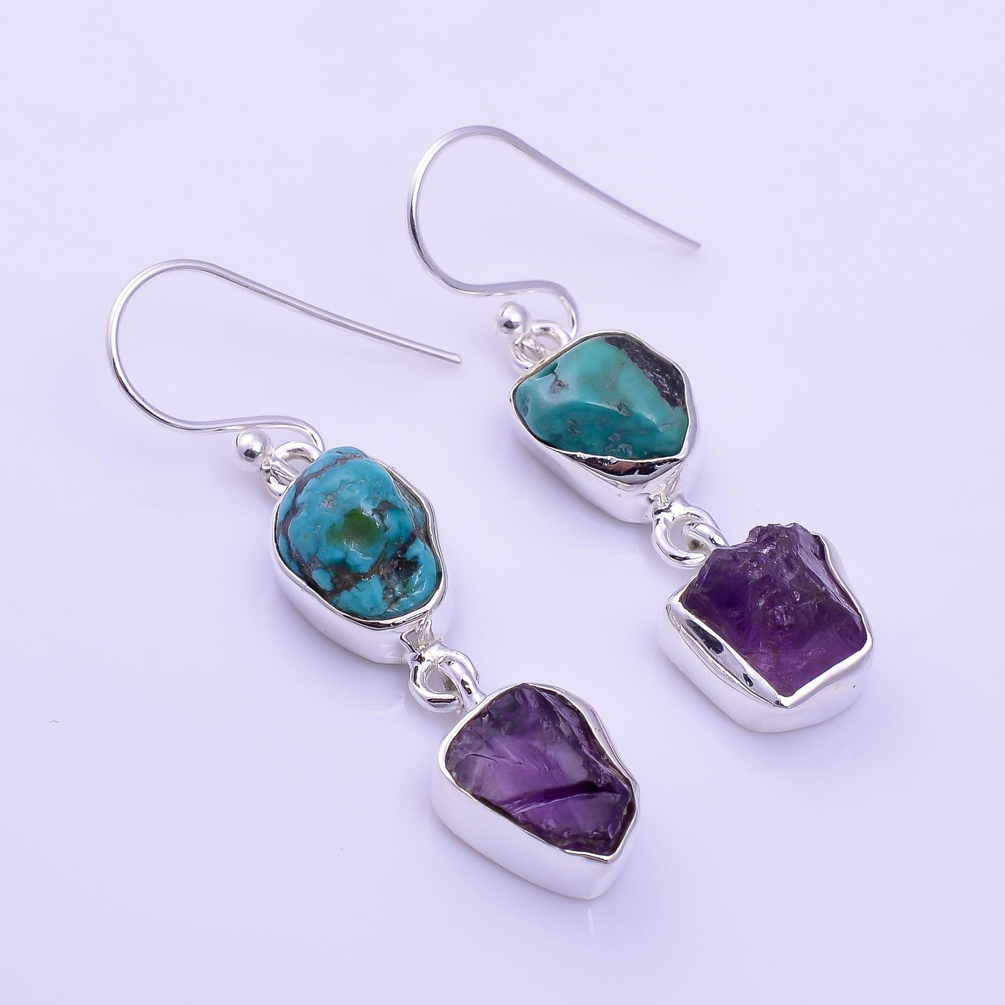 Turquoise Amethyst Raw Gemstone 925 Sterling Silver Earrings