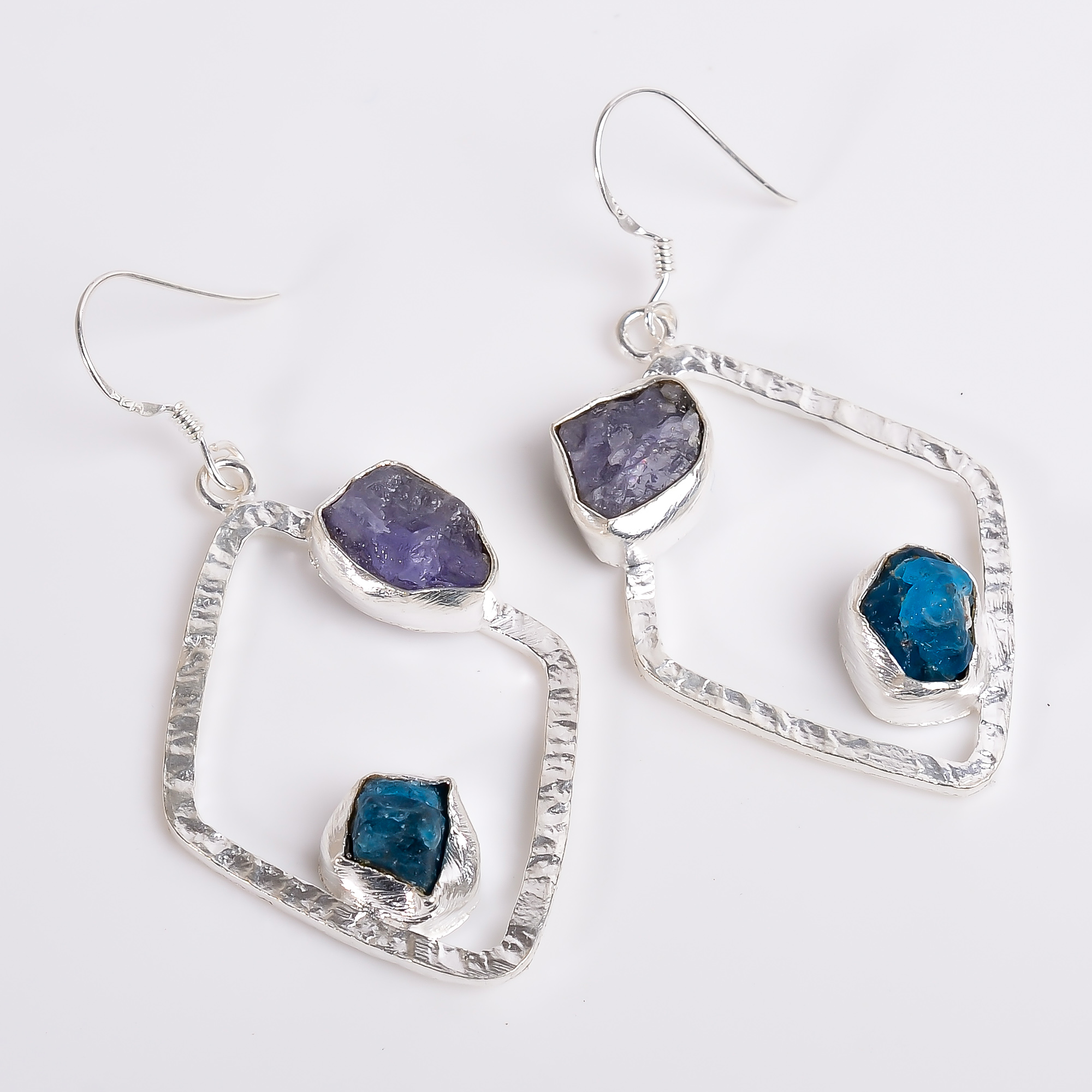 Natural Tanzanite Neon Apatite Raw Gemstone 925 Sterling Silver Matte Finish Hammered Earrings