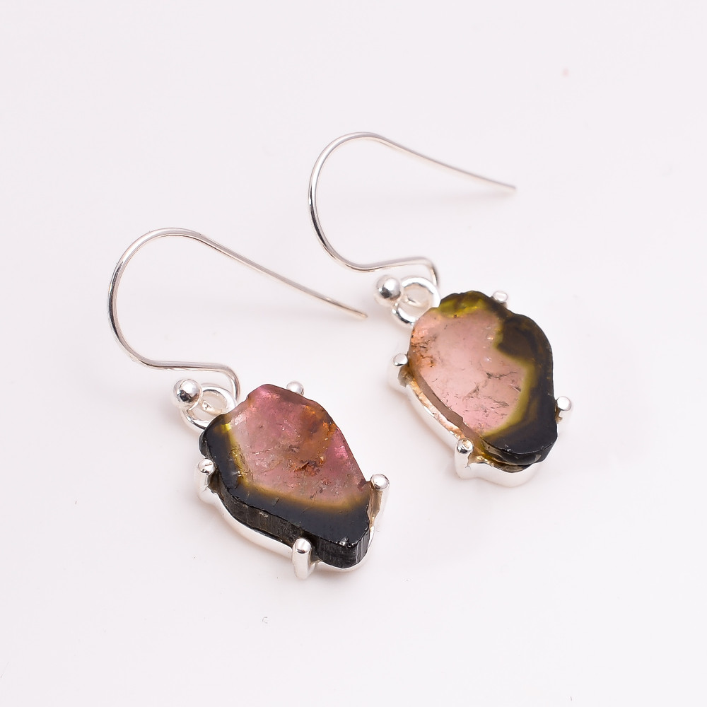 Image of Watermelon Tourmaline Raw Gemstone 925 Sterling Silver Drop Earrings