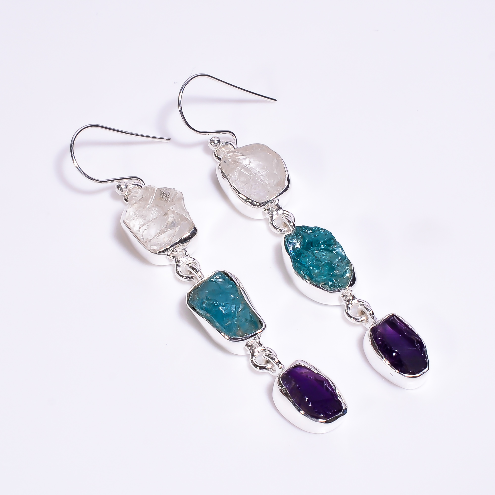 Natural Crystal Sky Apatite Amethyst Raw Gemstone 925 Sterling Silver Earrings