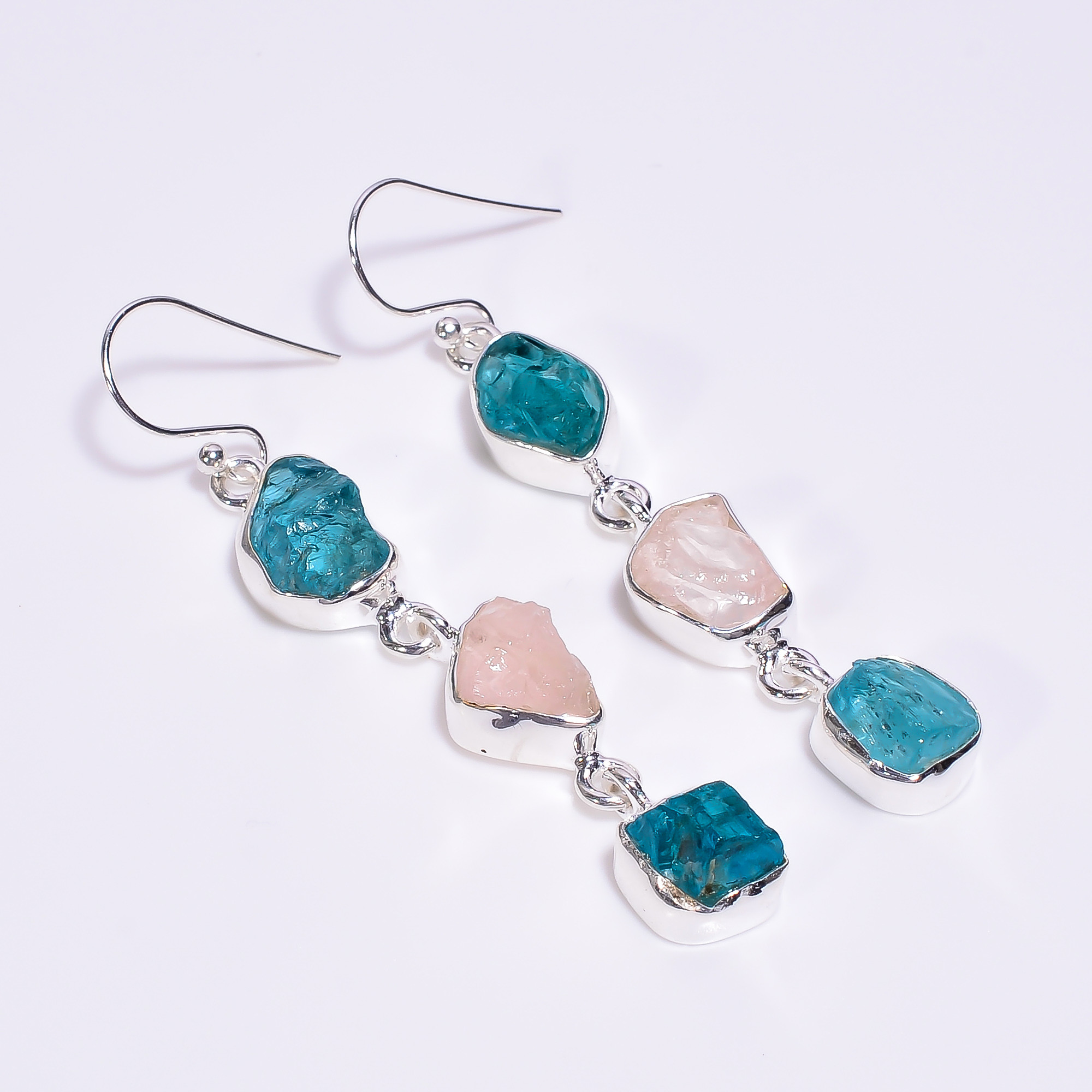 Natural Sky Apatite Rose Quartz Raw Gemstone 925 Sterling Silver Earrings