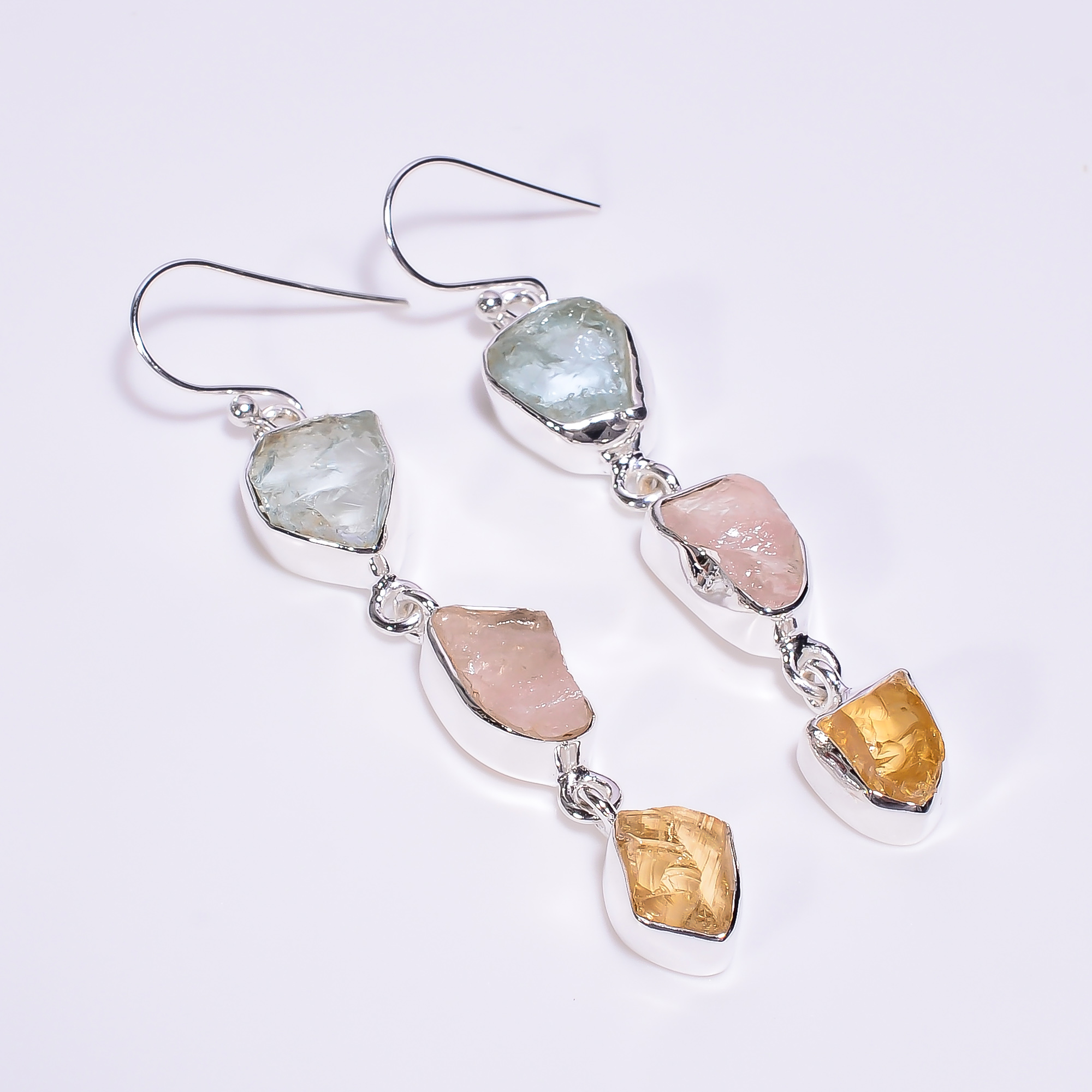 Natural Aquamarine Rose Quartz Citrine Raw Gemstone 925 Sterling Silver Earrings
