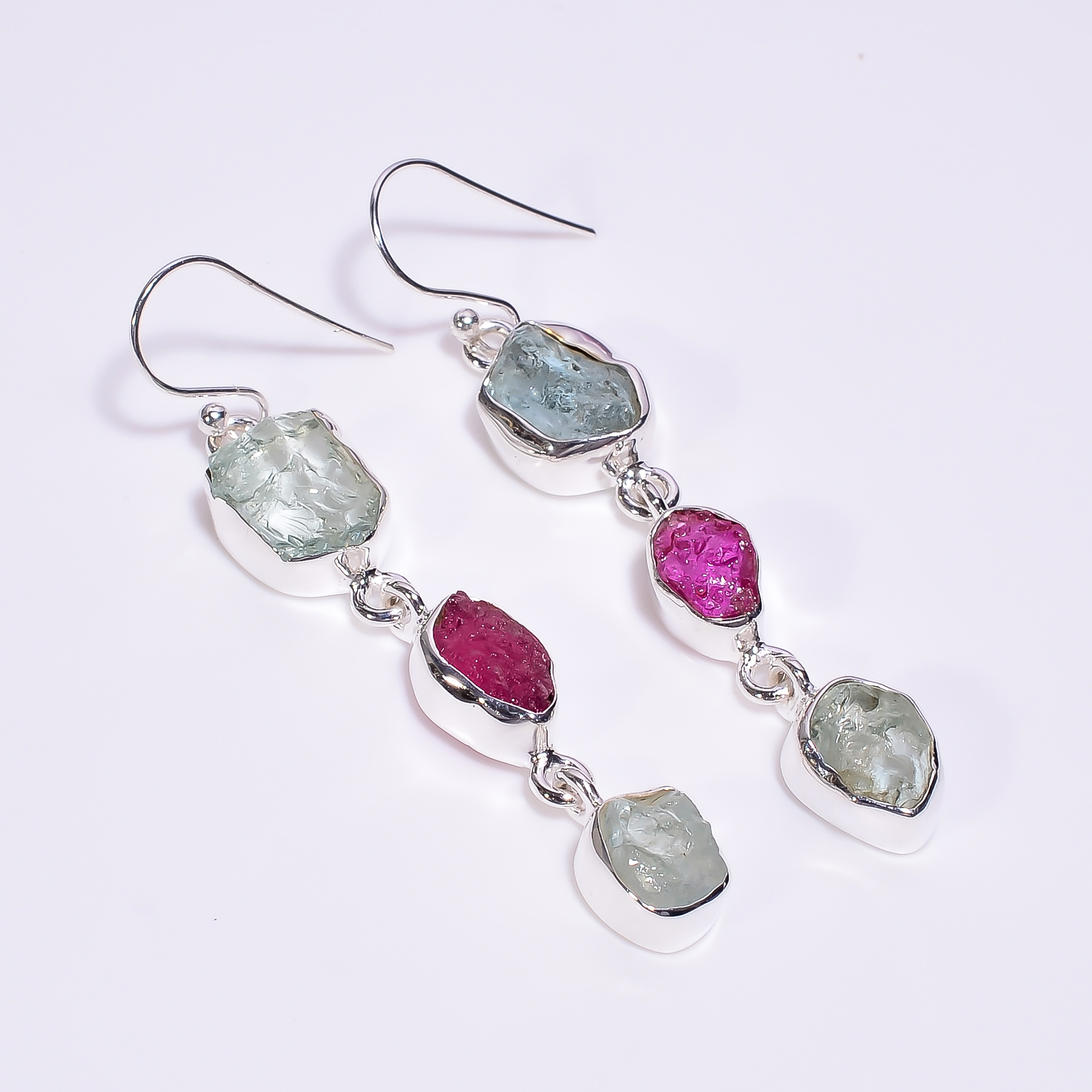 Natural Aquamarine Ruby Raw Gemstone 925 Sterling Silver Earrings