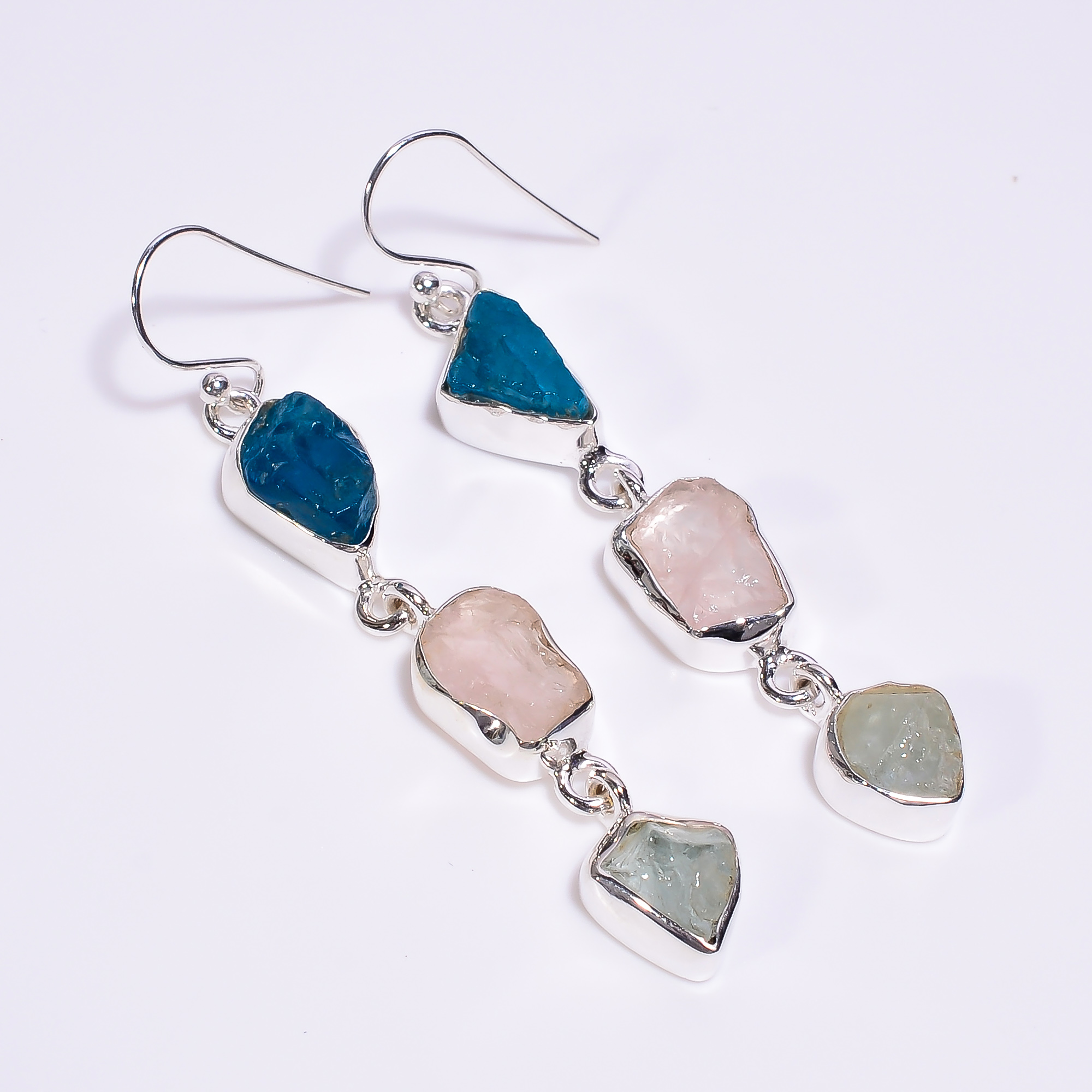 Natural Neon Apatite Rose Quartz Aquamarine Raw Gemstone 925 Sterling Silver Earrings