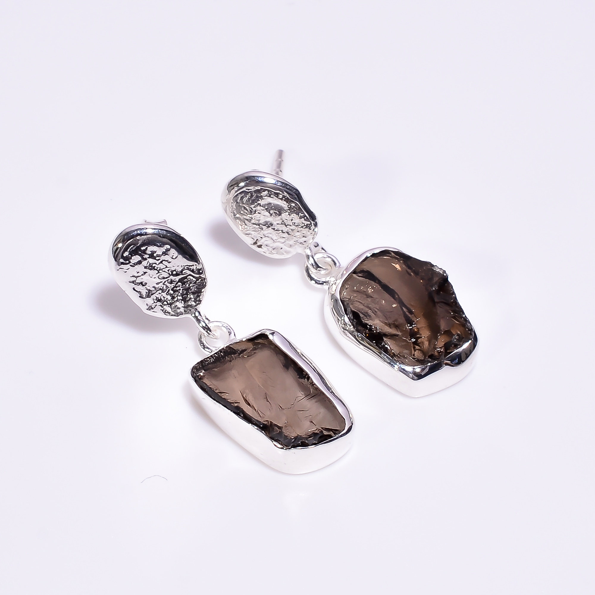 Natural Smoky Raw Gemstone 925 Sterling Silver Earrings