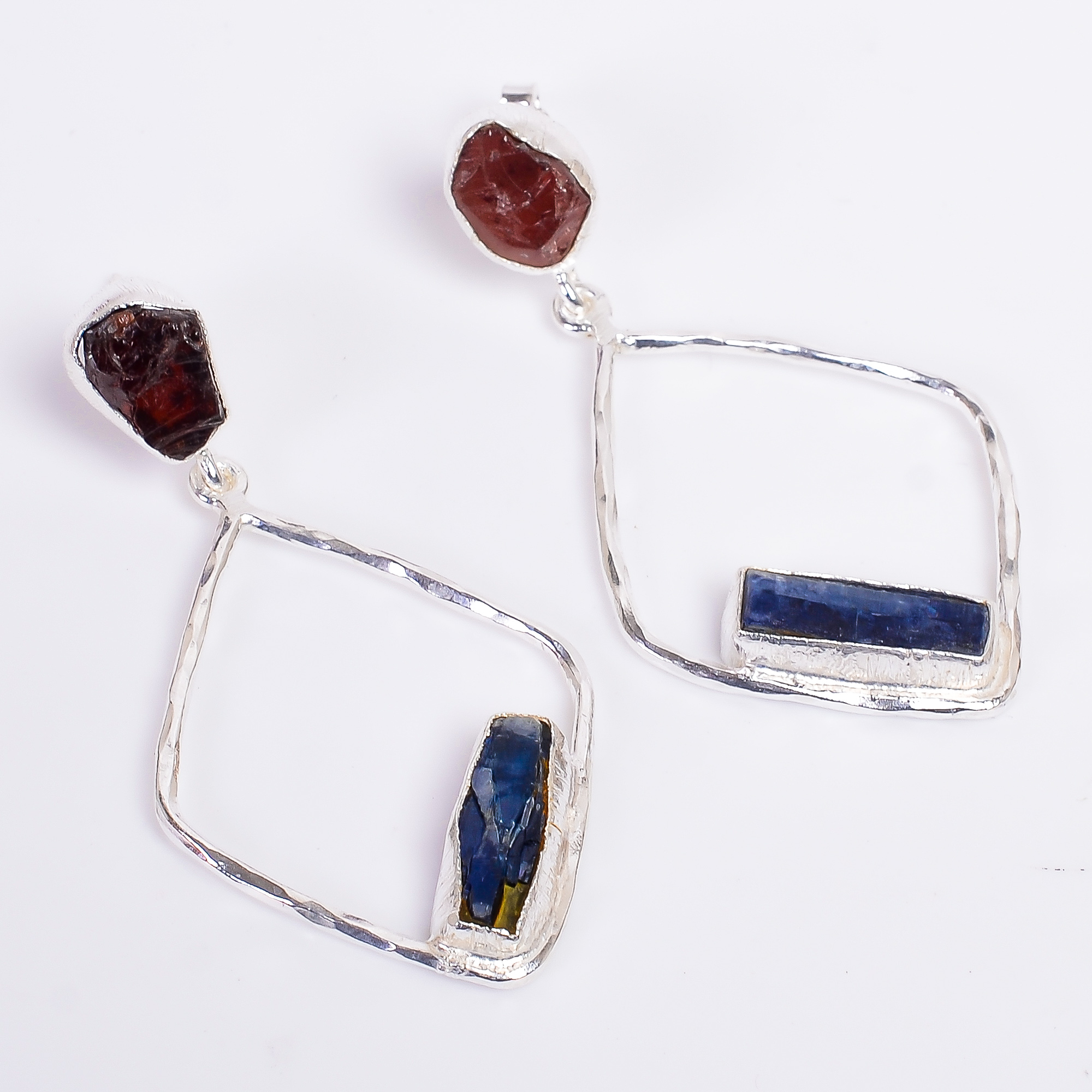 Natural Garnet Blue Kyanite Raw Gemstone 925 Sterling Silver Earrings