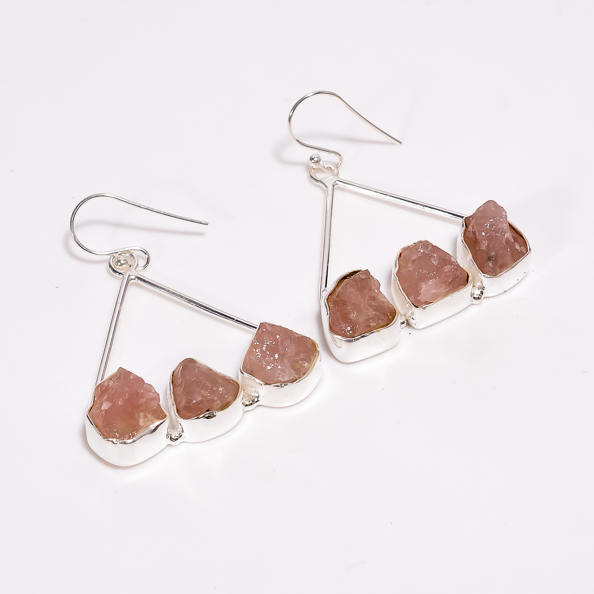 Rose Quartz Raw Gemstone 925 Sterling Silver Drop Earrings