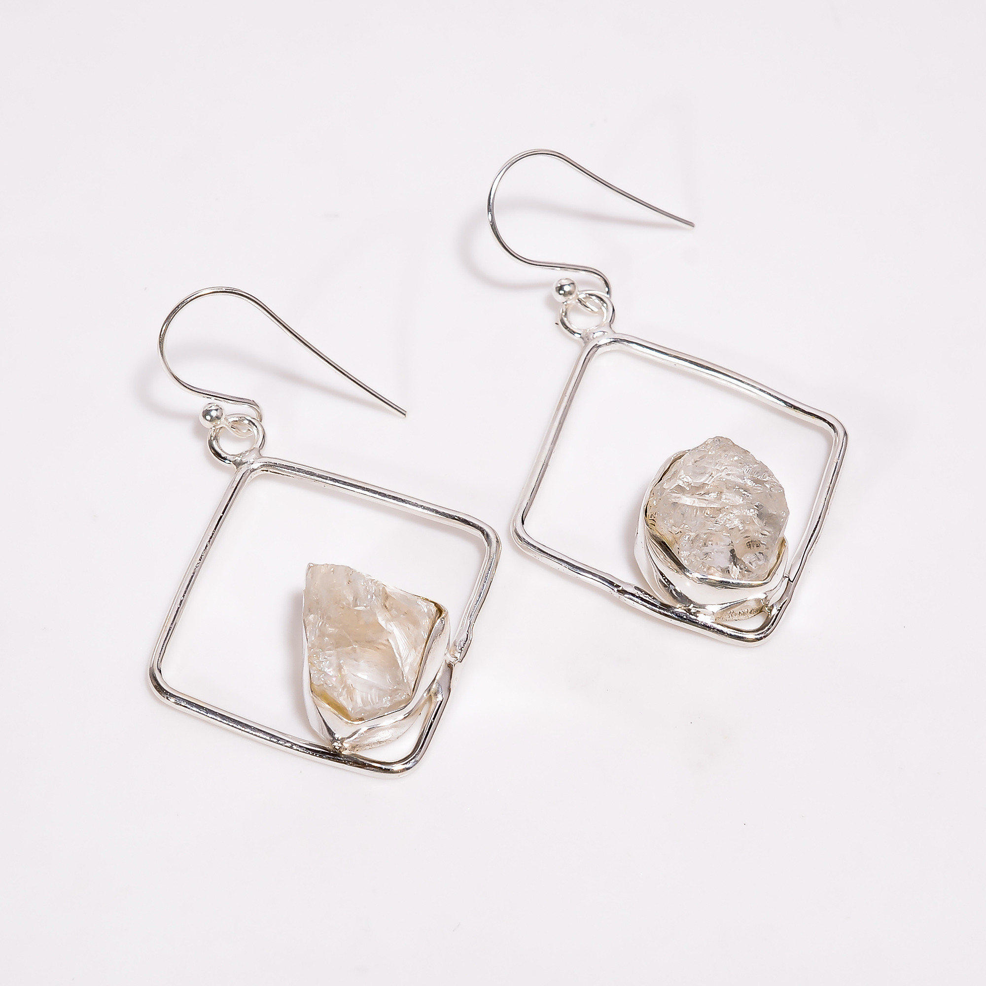 Rose Quartz Raw Gemstone 925 Sterling Silver Drop Earrings