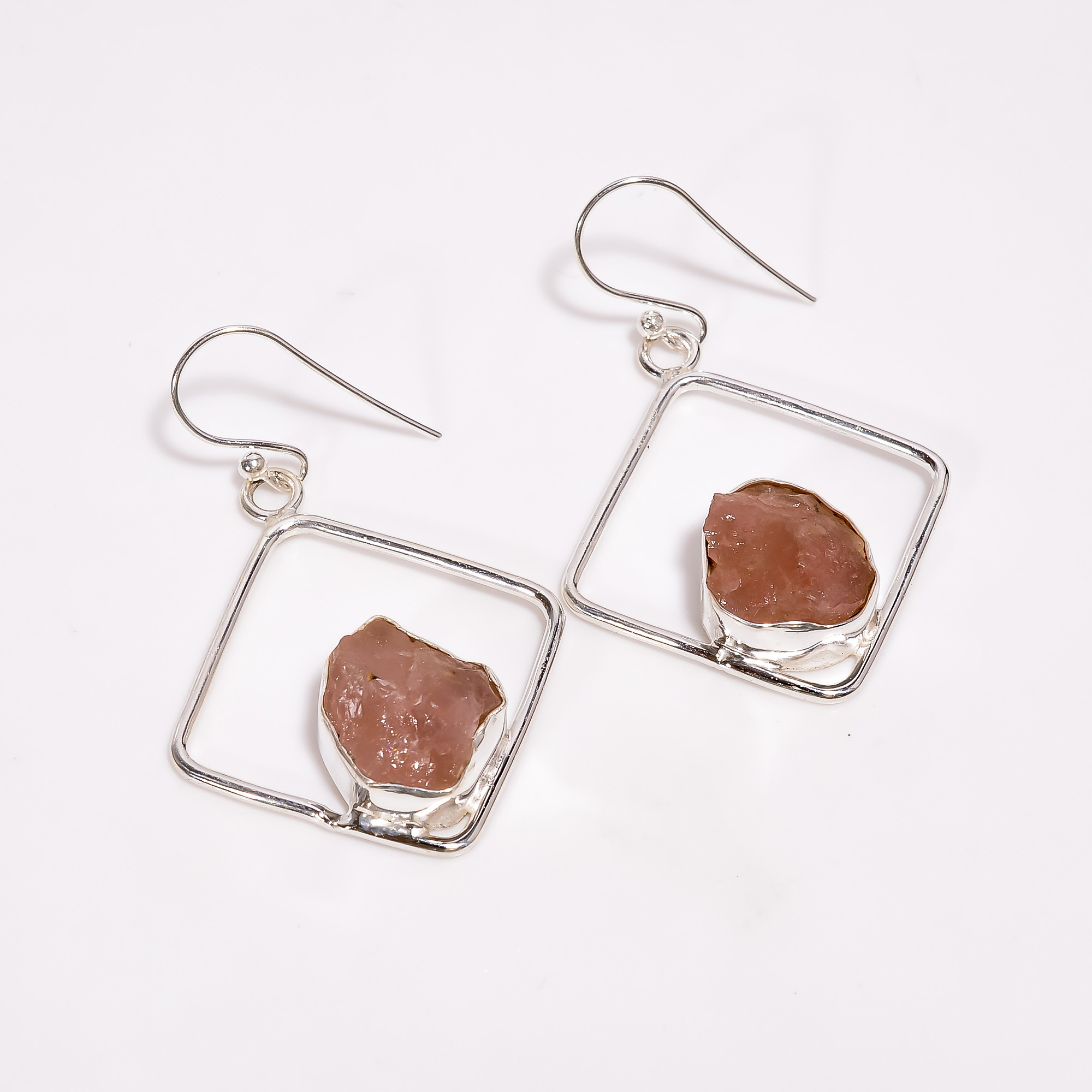 Rose Quartz Raw Gemstone 925 Sterling Silver Drop Earrings