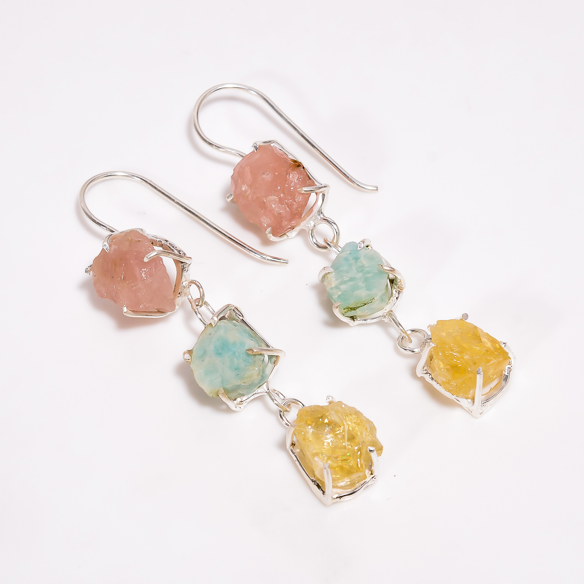 Amethyst Sky Apatite Raw Gemstone 925 Sterling Silver Three Stone Earrings