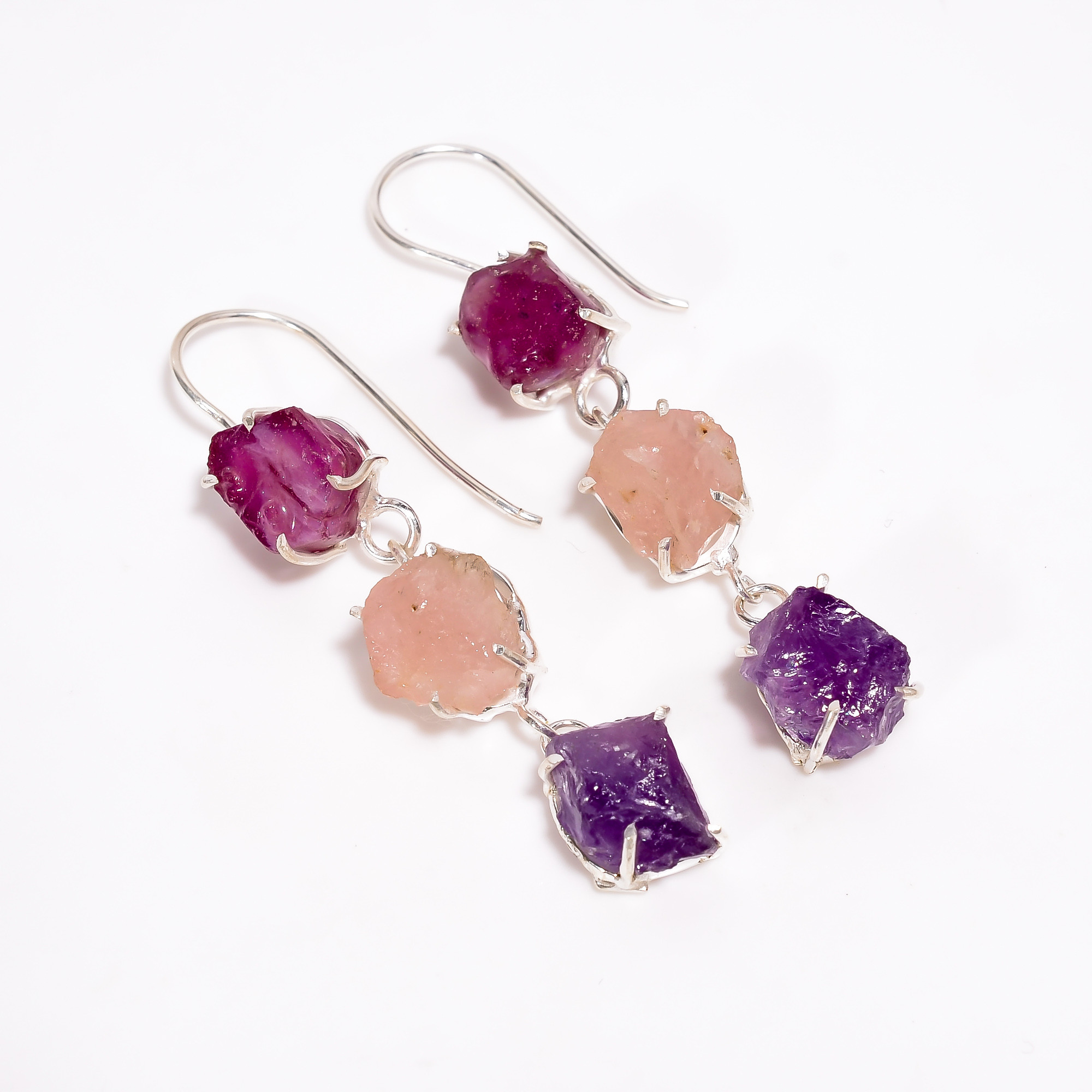 Amethyst Sky Apatite Raw Gemstone 925 Sterling Silver Three Stone Earrings